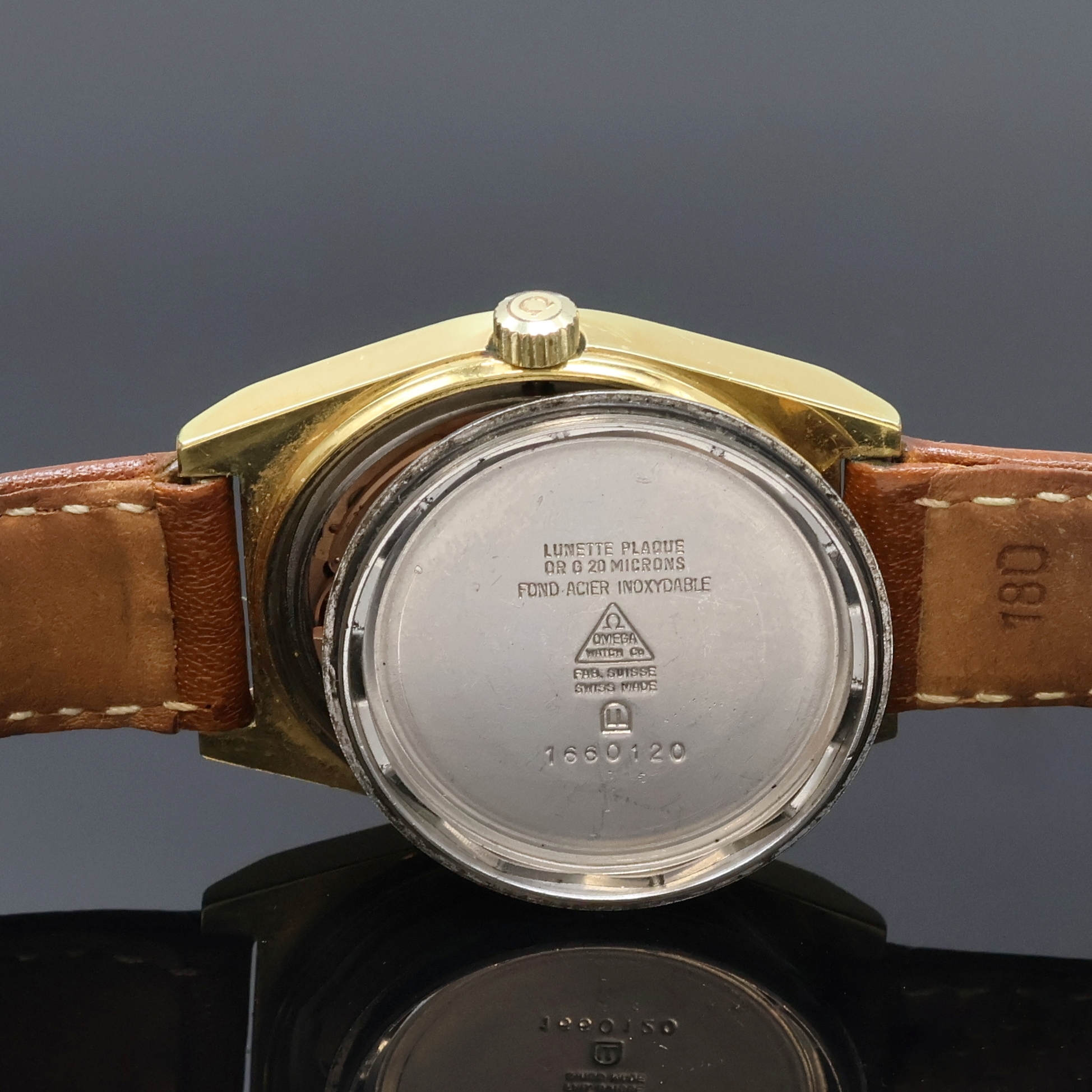 Detail f: OMEGA Geneve vergoldete Herrenarmbanduhr Referenz 1660120, Schweiz um 1972, Automatik, verschr. Geh., orig. Krone u. Glas, silb. Zifferbl., gold. ...
