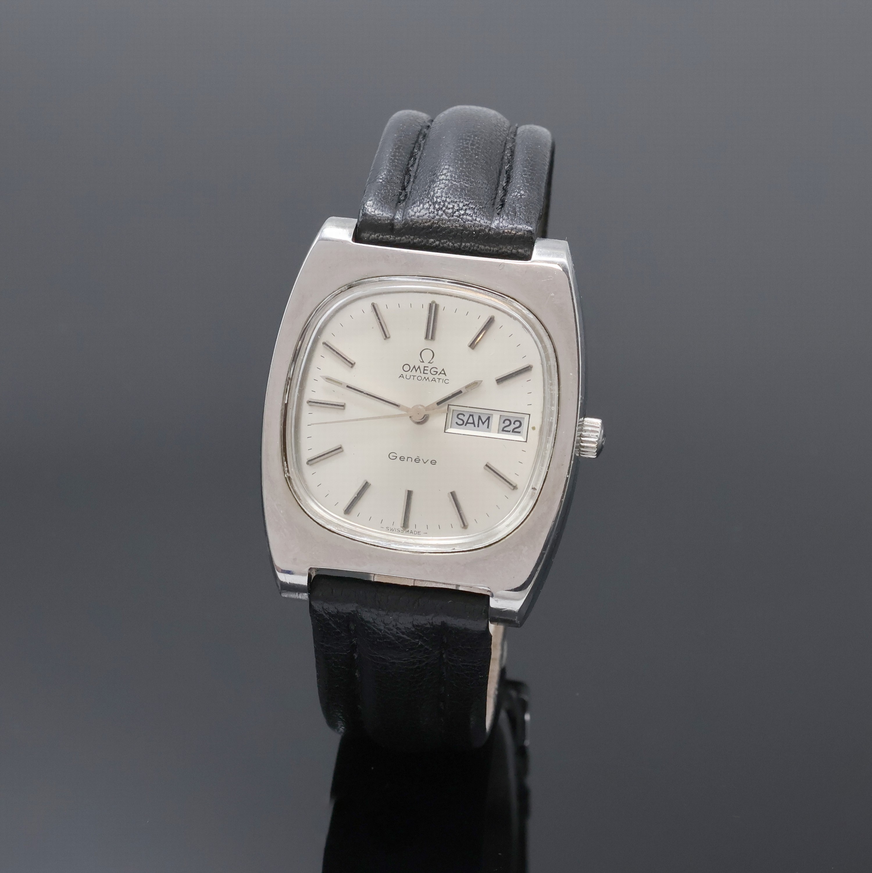 OMEGA Geneve Herrenarmbanduhr in Stahl Referenz 166.0188, Schweiz um 1974, 2-tlg. TV-Screen-Geh., Boden m. Widmungsgrav. verschr., orig. Krone, silb. ...