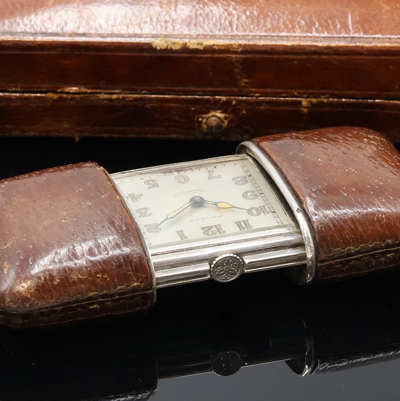 Detail c: MOVADO Ermeto in Silber im original Asprey Etui, Schweiz um 1935, Leder-bezogenes Geh. m. Schiebeaufzug durch öffnen u. schließen des Geh., silb. ...
