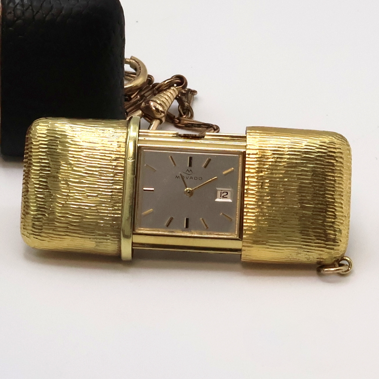 Detail a: 4 Movado ERMETO vergoldete Schiebeührchen, Schweiz um 1930 - 1960, Schiebeaufzug, verg. Geh., 3 x Leder-bezogen, 1 x verg. m. Borken-Struktur, 1 x ...