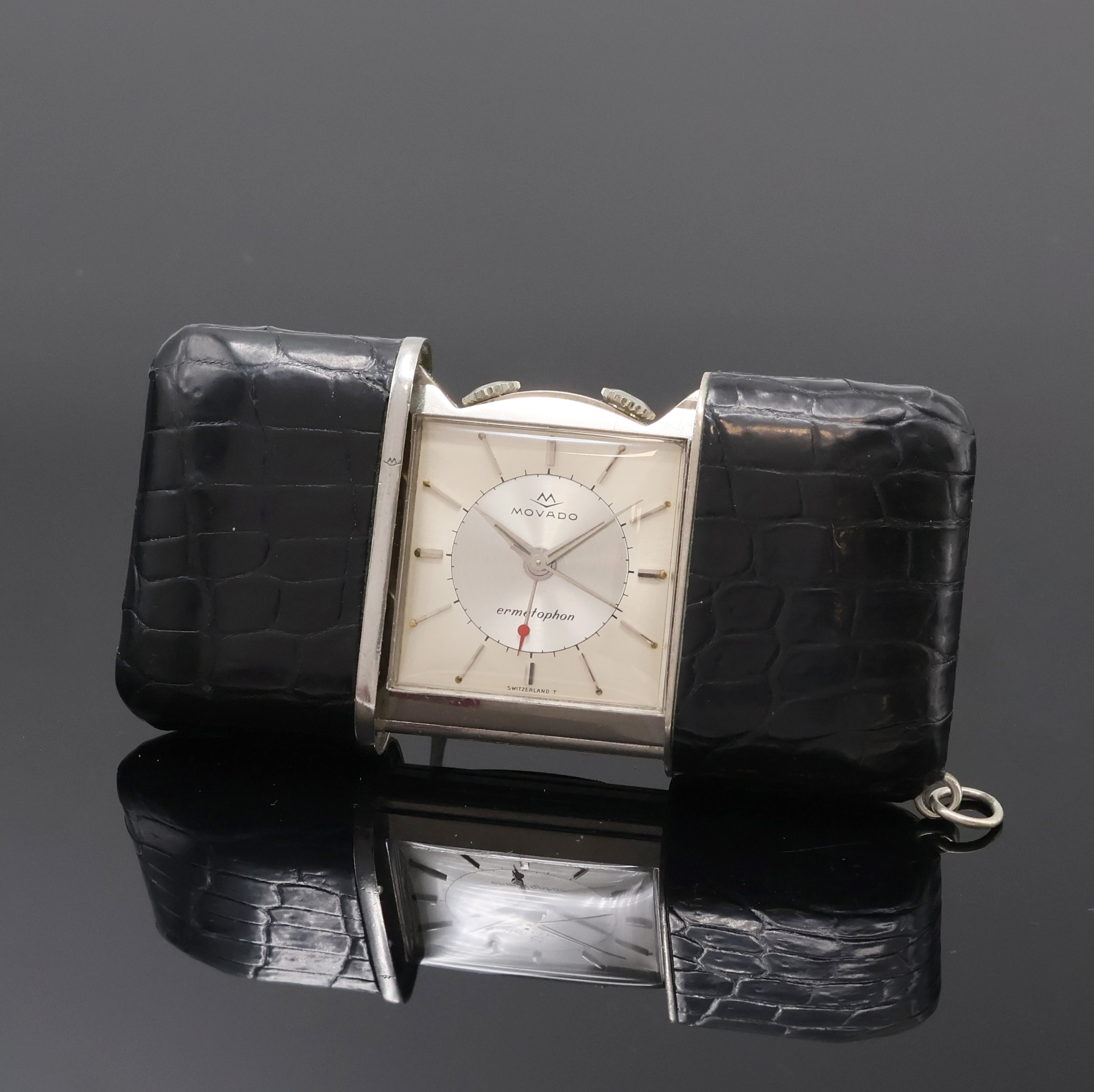 Image 27059152 - MOVADO Ermetophon Schiebeührchen mit Wecker, Schweiz um 1960, Schiebeaufzug, Leder- ...