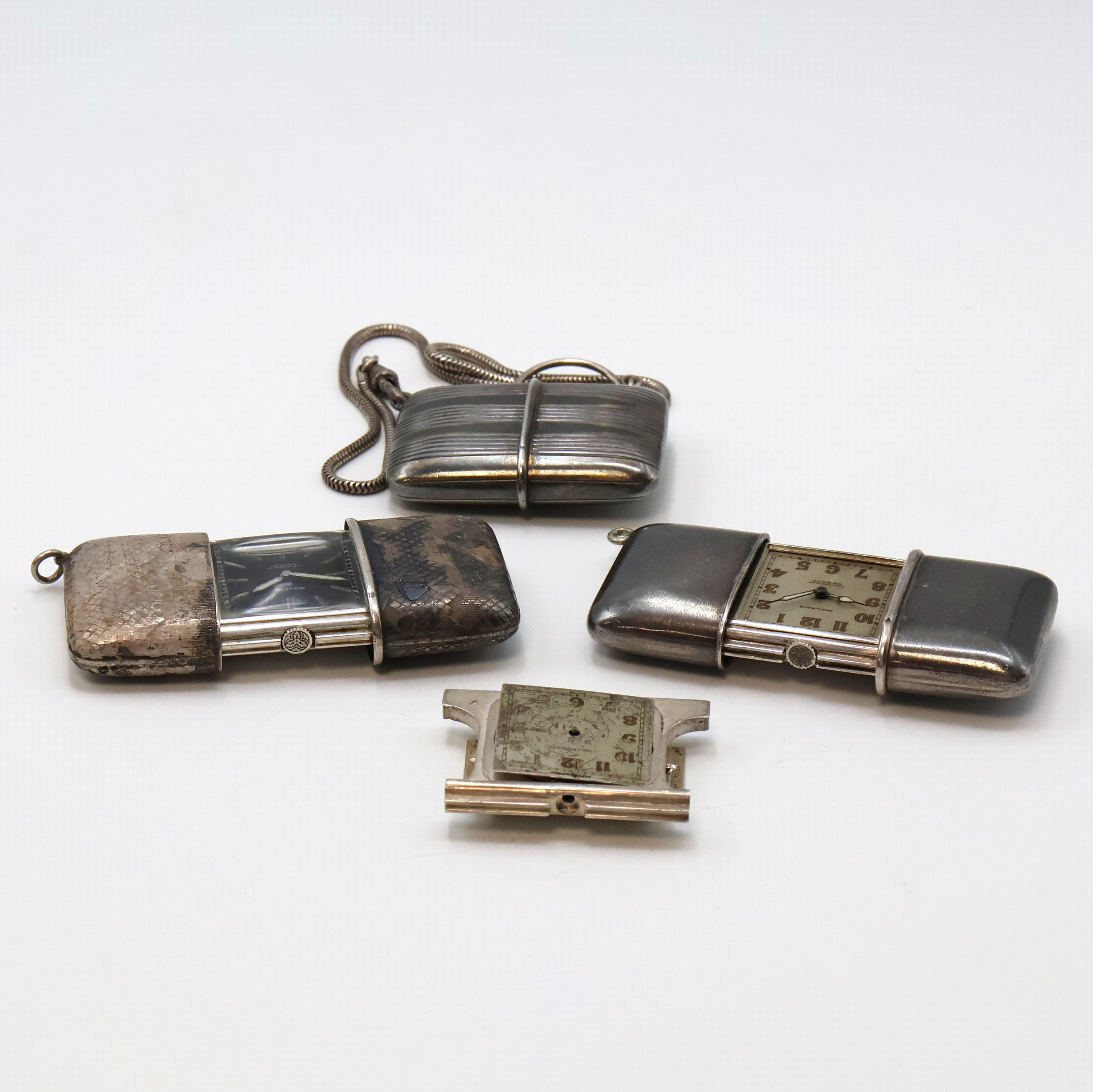 Detail g: 4 MOVADO Ermeto Schiebeührchen in Silber und eine Silberkette, Schweiz um 1930, Schiebeaufzug/Handaufzug, Geh.: 1 x Streifenguill., 1 x ehem. Tula, ...
