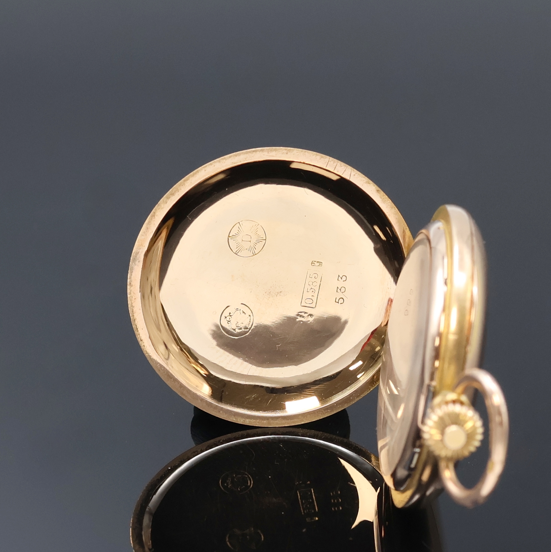 Detail a: MONOPOL DÜRRSTEIN Damensavonette in RG 585/000, Schweiz um 1915, glattes 3-Deckel Goldgeh., Sprungdeckel m. Schmuckmonogramm, strahlen-guill., vers. ...