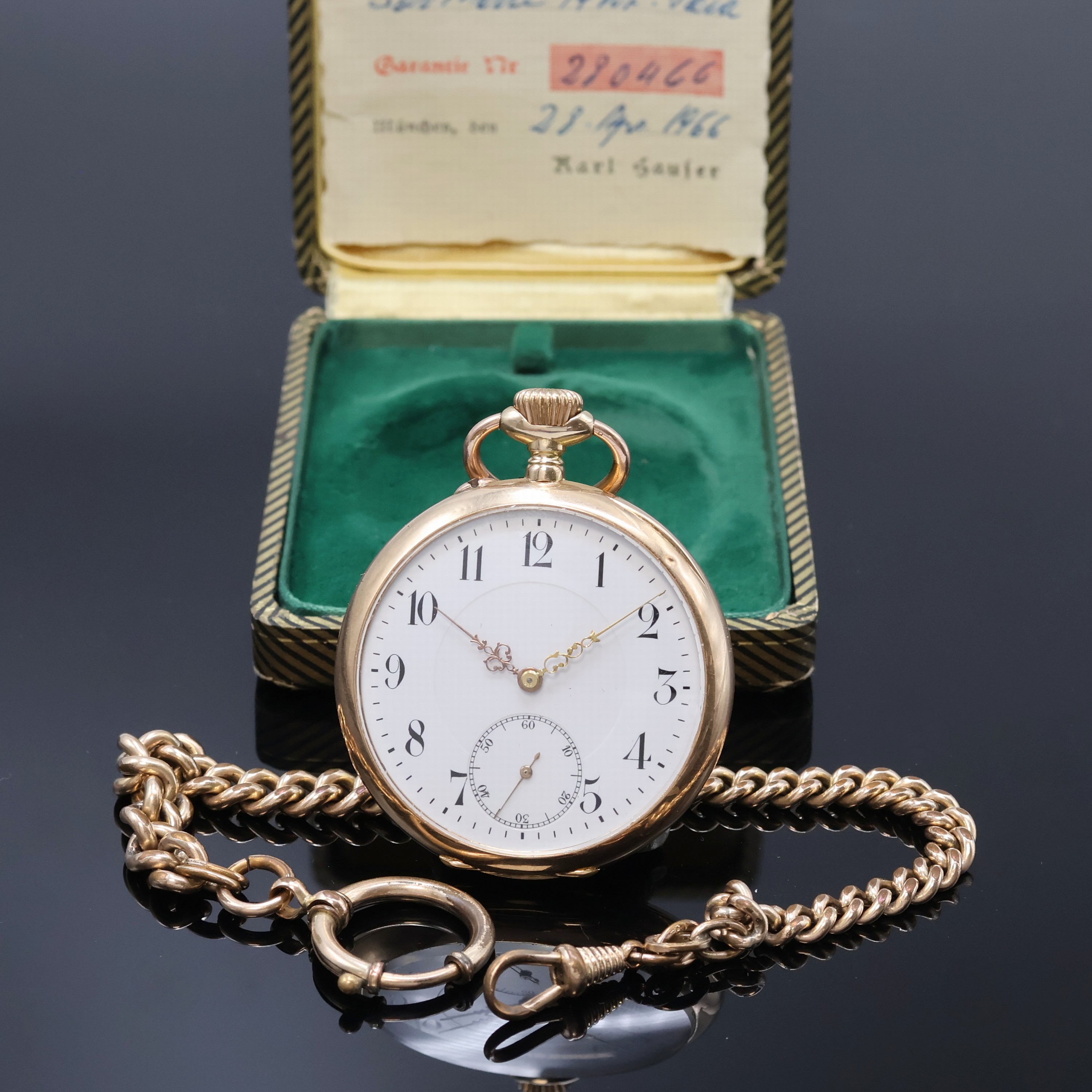 Image 27059178 - Offene Herrentaschenuhr in RG 585/000, Schweiz um 1910, guill. Geh., Metallcuv., ...