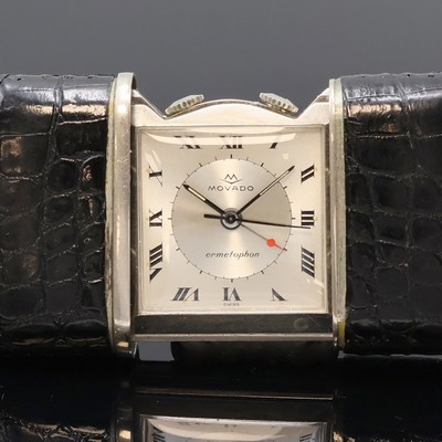 27059129a - MOVADO Ermetophon Schiebeuhr mit Wecker im Nickelgehäuse, Schweiz um 1960, ...
