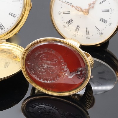 27059142a - 3 Damentaschenuhren in RG/GG 585/000 und 1 vergoldete Petschaft, Schweiz um 1840 - 1900, ...