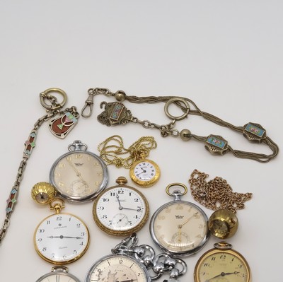 27059174a - 8 offen Taschenuhren, 2 Kugeluhren und 2 Ketten, Schweiz um 1910 bis 1990, ...