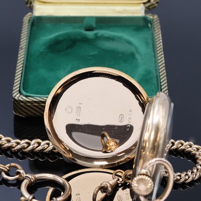 27059178b - Offene Herrentaschenuhr in RG 585/000, Schweiz um 1910, guill. Geh., Metallcuv., ...