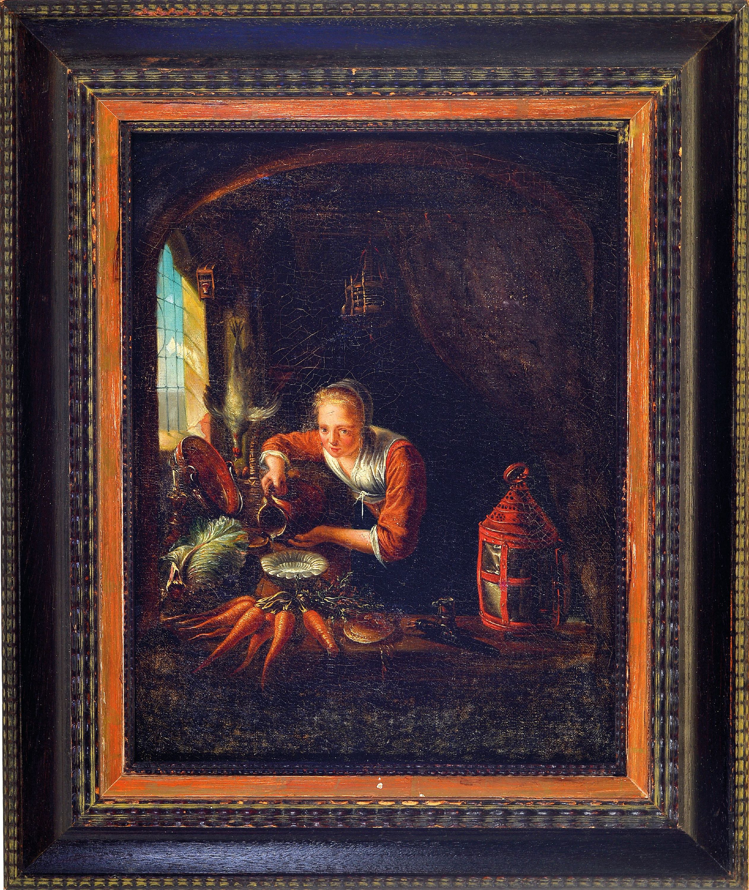 Detail k: Nachfolge Gerard Dou (1613-1675), 18.Jh., Variation des Sujet "La Cuisiniere hollandaise" (1647, Louvre), entsprechende Komposition mit ...