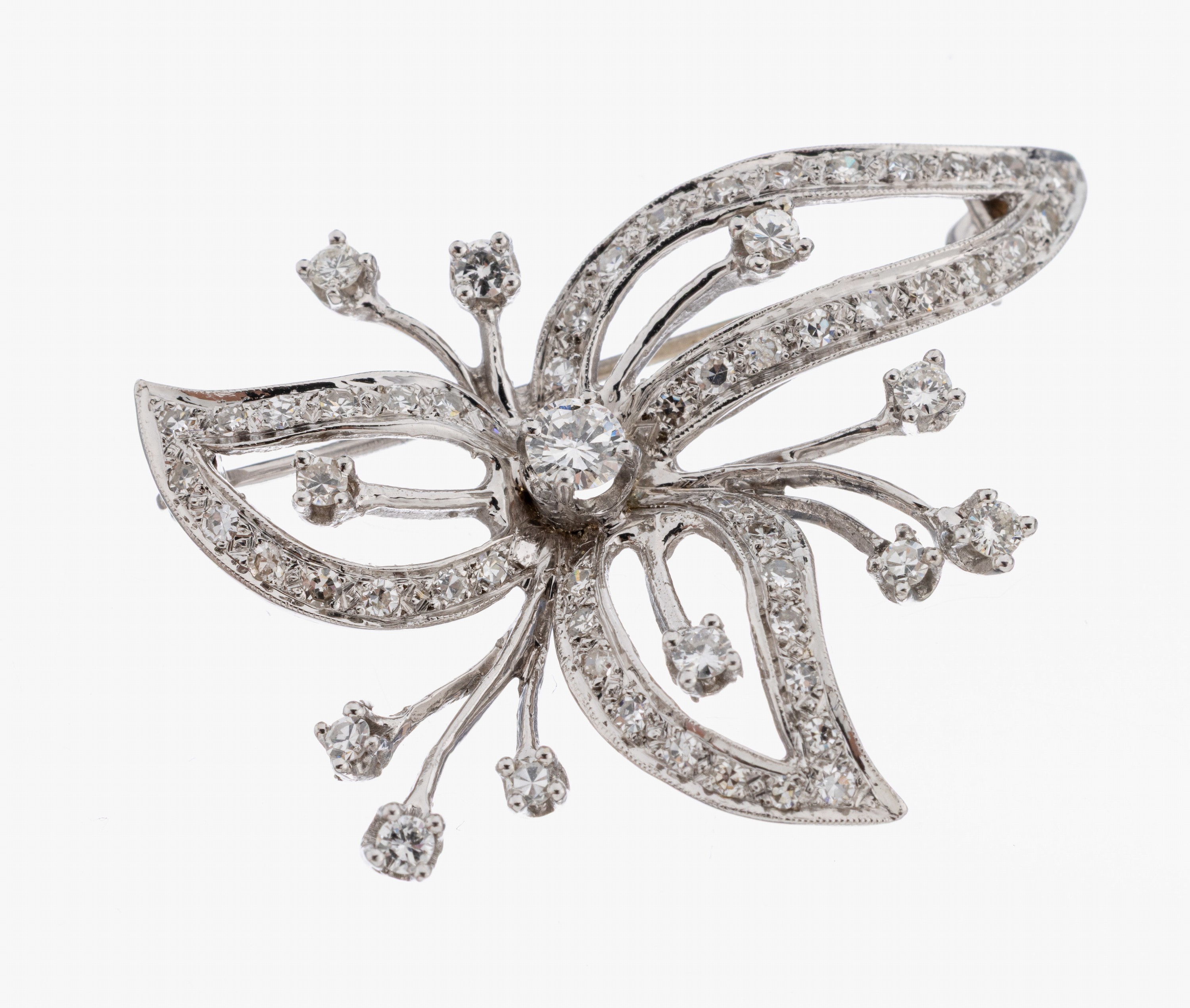 Image 27059355 - 14 kt Gold Diamant-Brosche, WG 585/000, abstrakte Blüte, 59 Brillanten und 8/8- ...