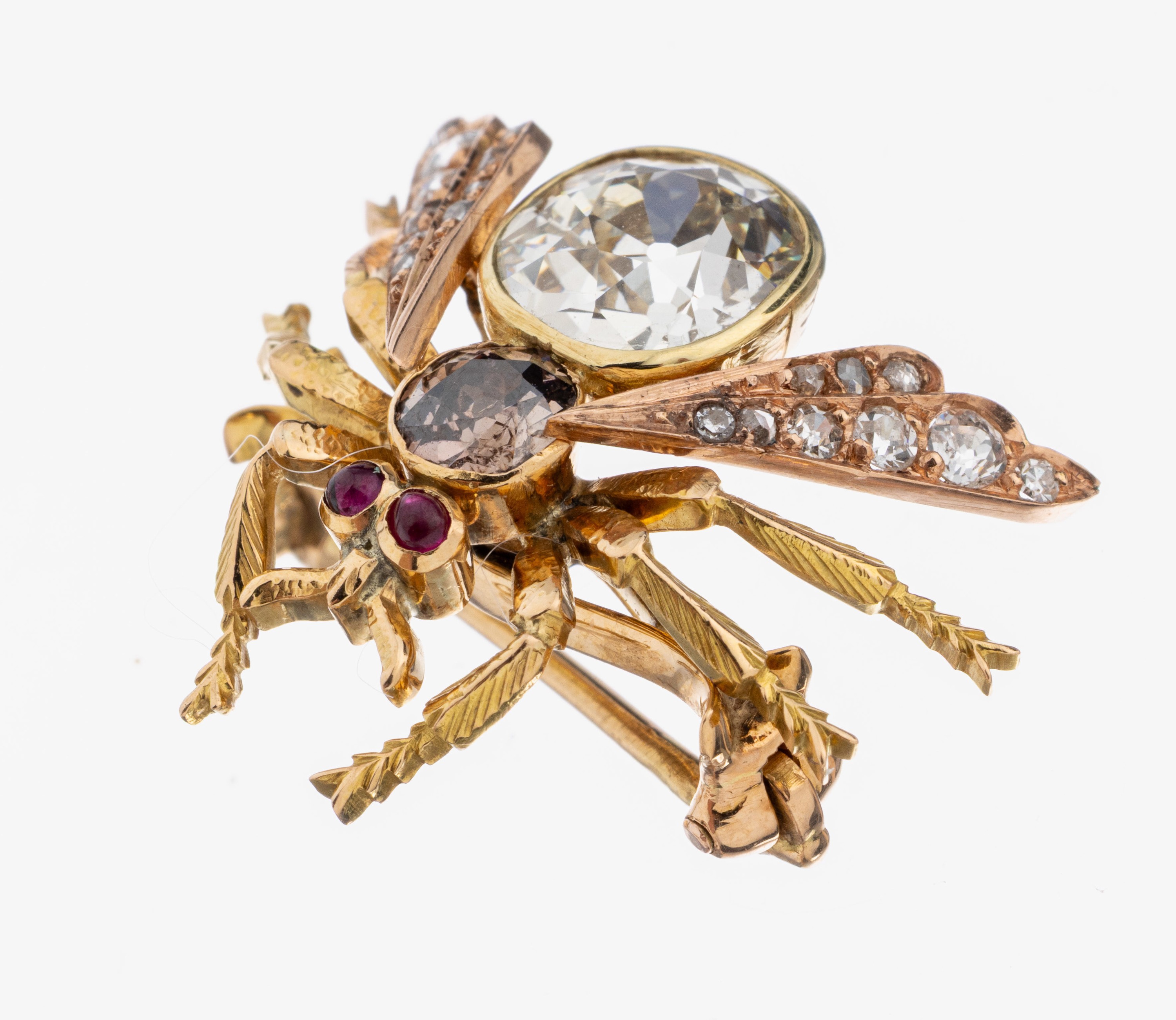 Image 27059361 - 14 kt Gold Diamant-Rubin-Insektenbrosche, um 1920, GG 585/000 gepr., unterlegiert, ...