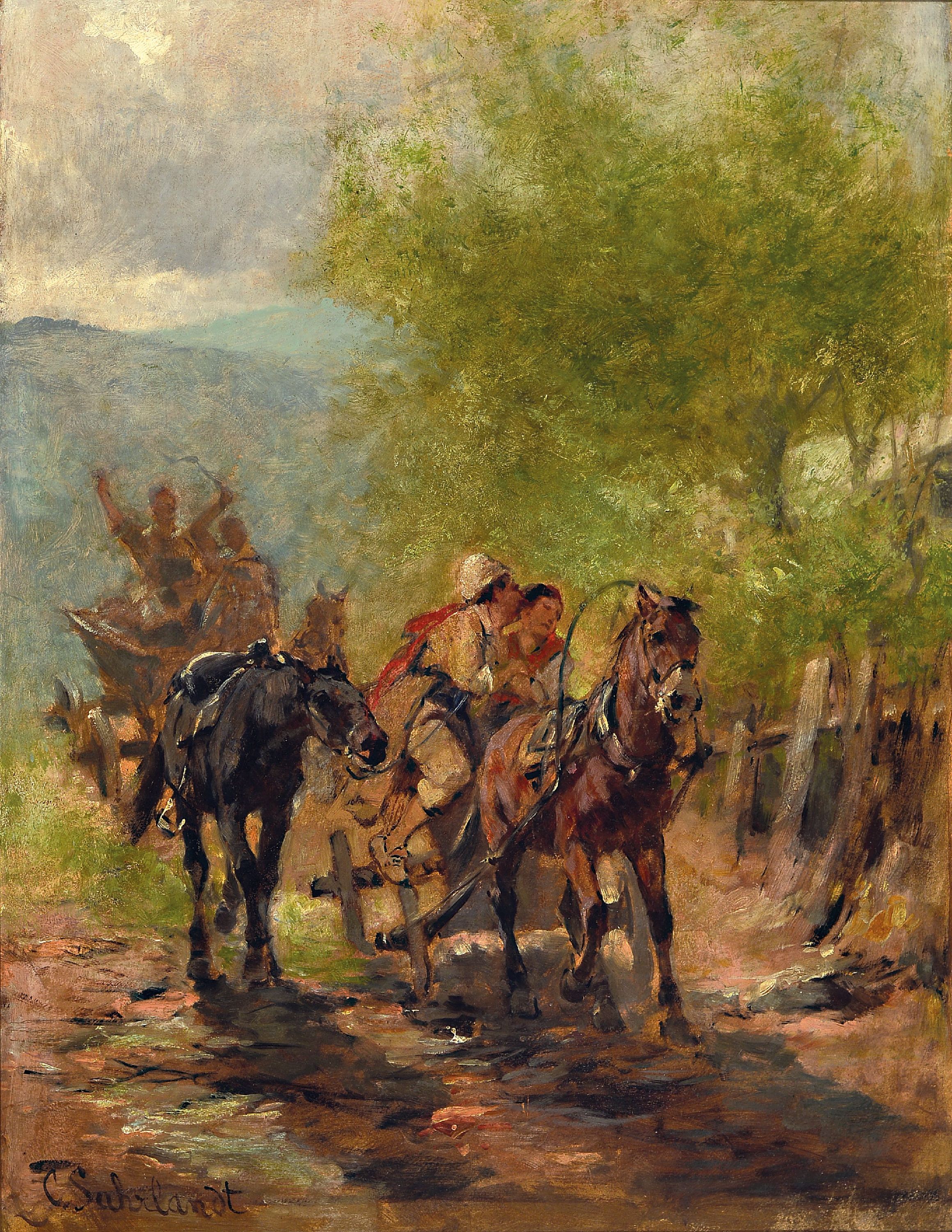 Image 27059462 - Carl Suhrlandt, 1828 Ludwigslust-1919 Kochel am See, bäuerlicher Wagenzug mit Pferden, ...