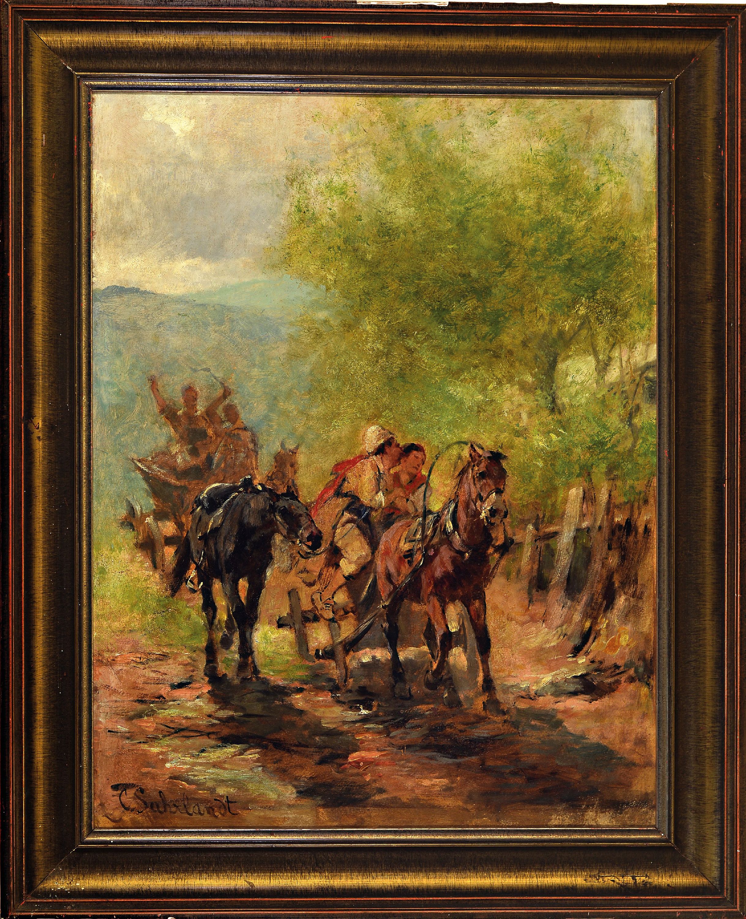 Detail k: Carl Suhrlandt, 1828 Ludwigslust-1919 Kochel am See, bäuerlicher Wagenzug mit Pferden, vorderer Wagen mit poussierendem Paar, Öl/Lwd links unten ...
