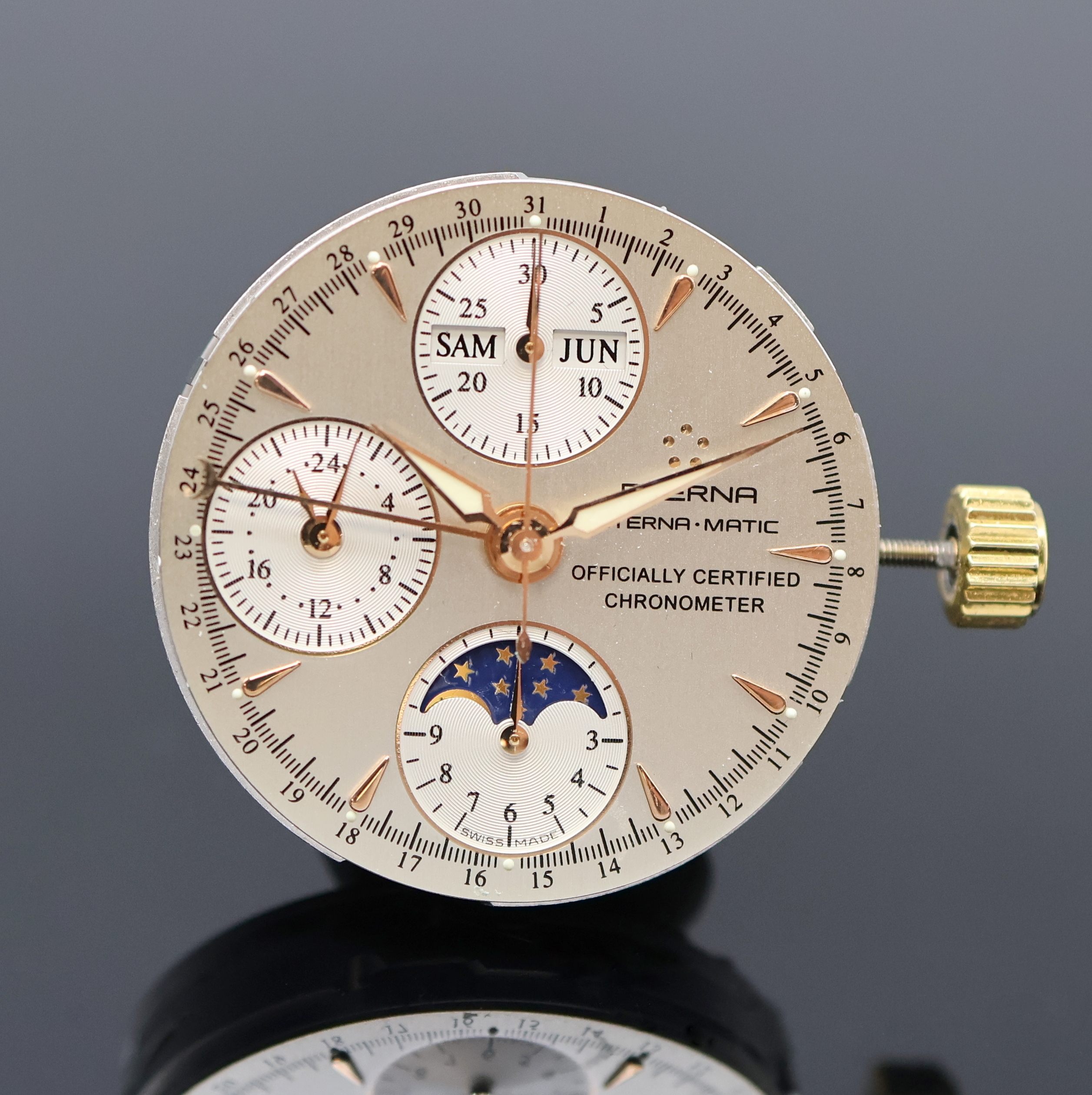Detail a: ETERNA-MATIC Armbandchronometer-Werk Kaliber ETA 7751, Schweiz um 1995, Automatik, 25 St., gebl. Schr., silb. Zifferbl. m. gold. Std.-Ind., ...