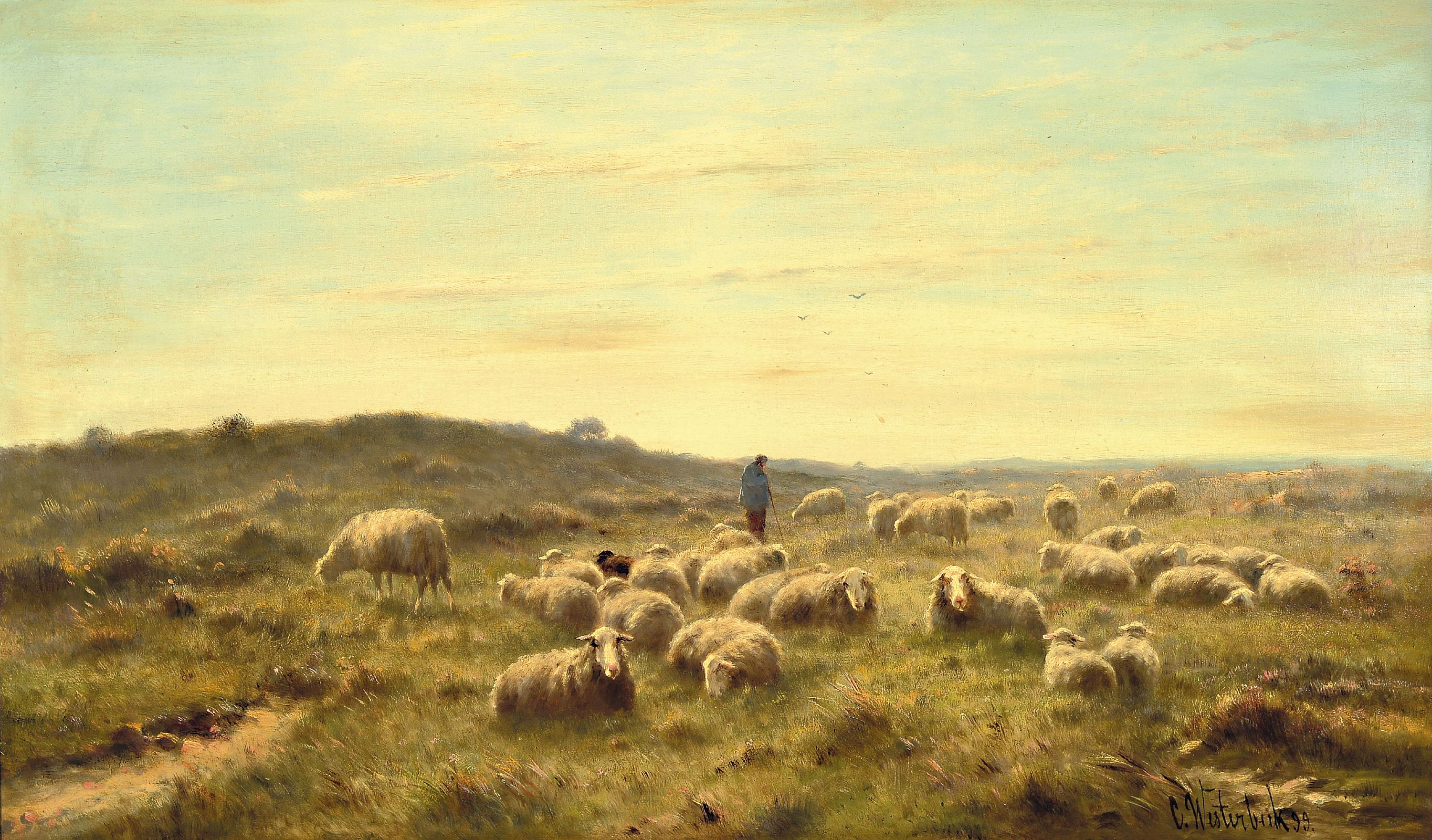 Image 27059465 - Cornelis Westerbeek, 1844-1903 Den Haag, niederländische Marschlandschaft mit Hirte und ...