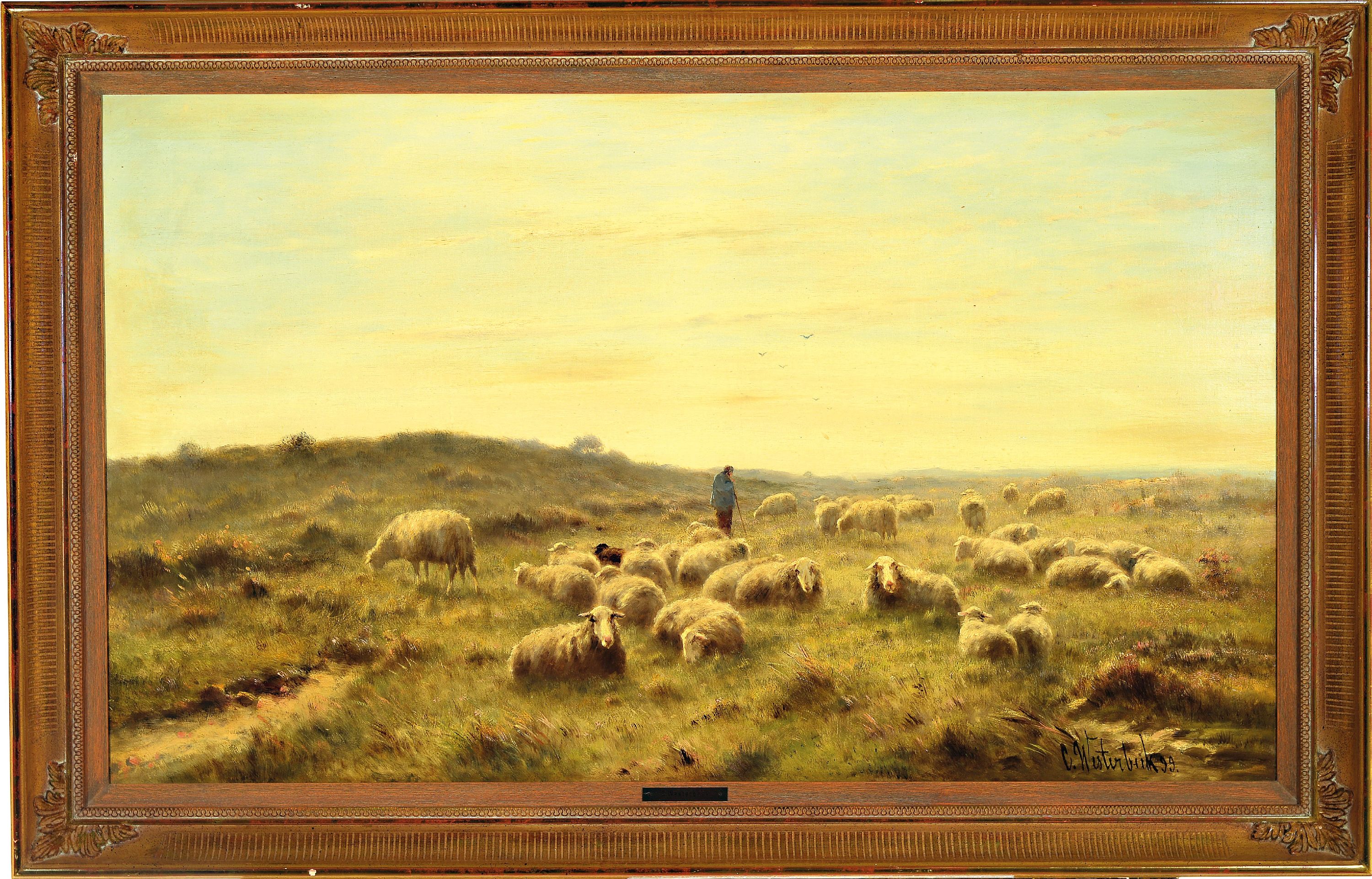 Detail k: Cornelis Westerbeek, 1844-1903 Den Haag, niederländische Marschlandschaft mit Hirte und Schafherde, rechts unten signiert und datiert 1899, Öl/Lwd, ...