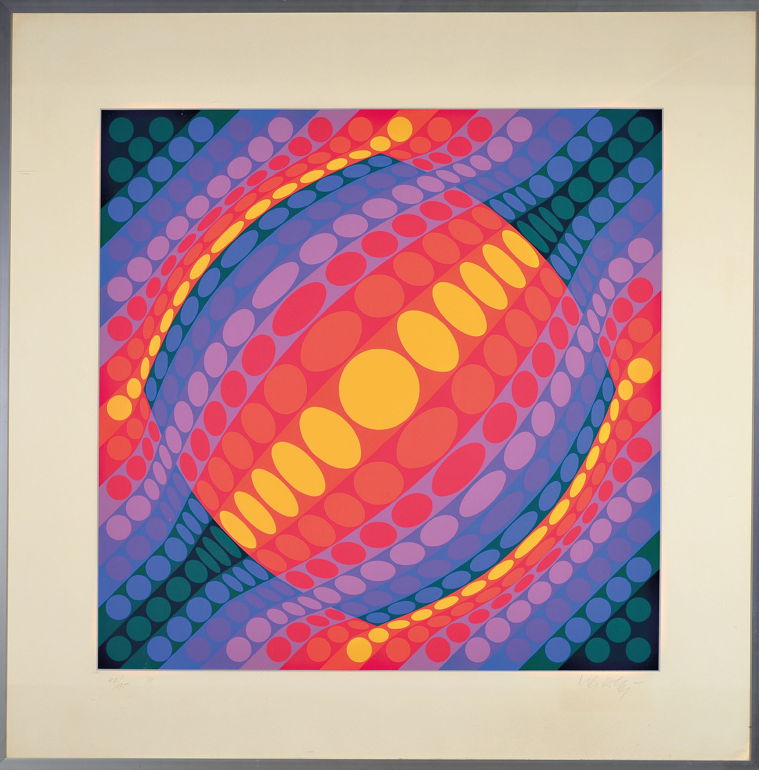 Detail k: Victor Vasarely, 1906-1997, Farbserigraphie, "Planeta" (1975/77), Ed. 47/175, unter Glas gerahmt 80x80 cm