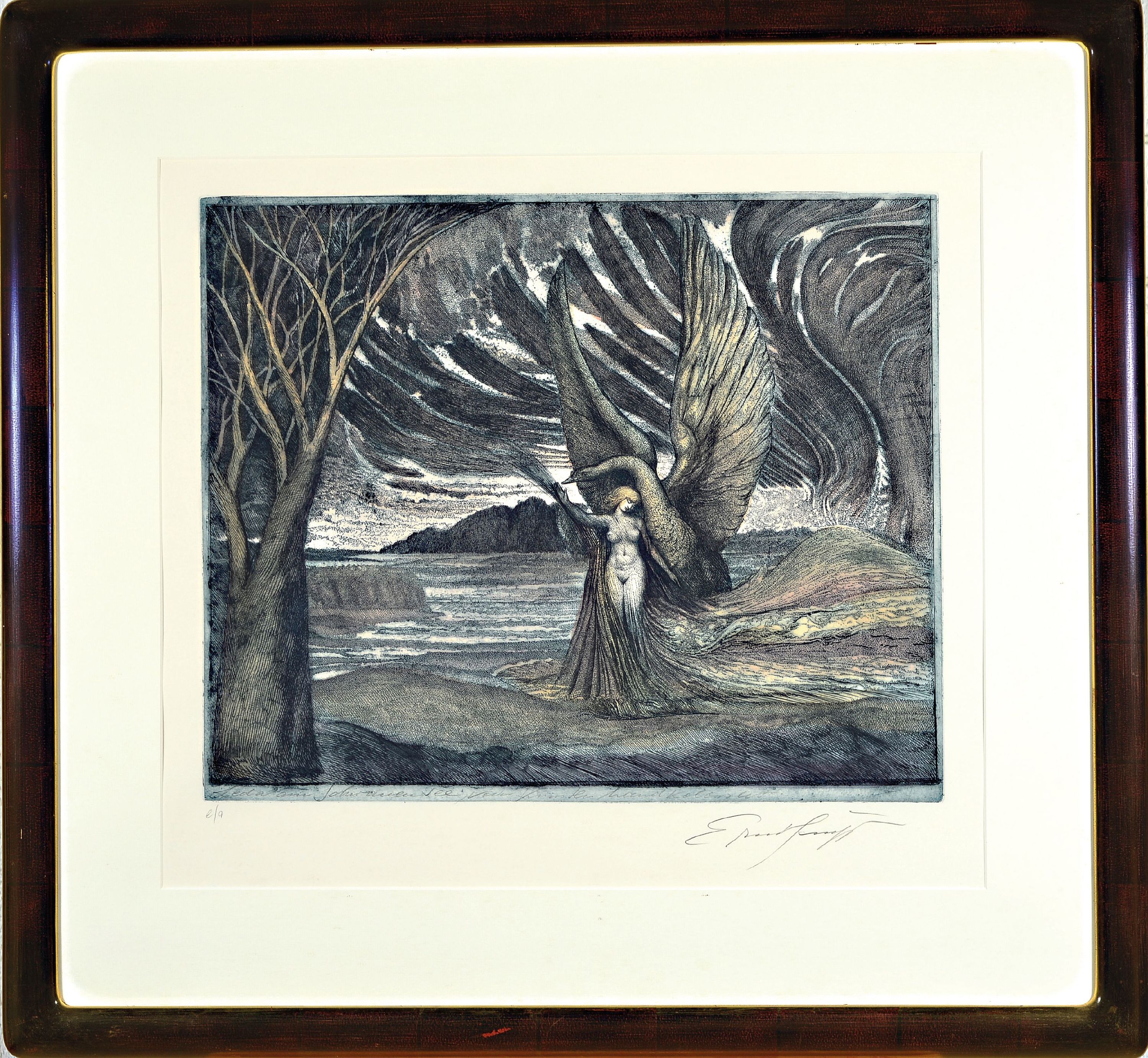 Detail k: Ernst Fuchs, 1930-2015 Wien, Radierung, "Leda und der Schwan", e/a, handsigniert, Platte 39,5x48,5 cm, unter Glas gerahmt 71x74 cm