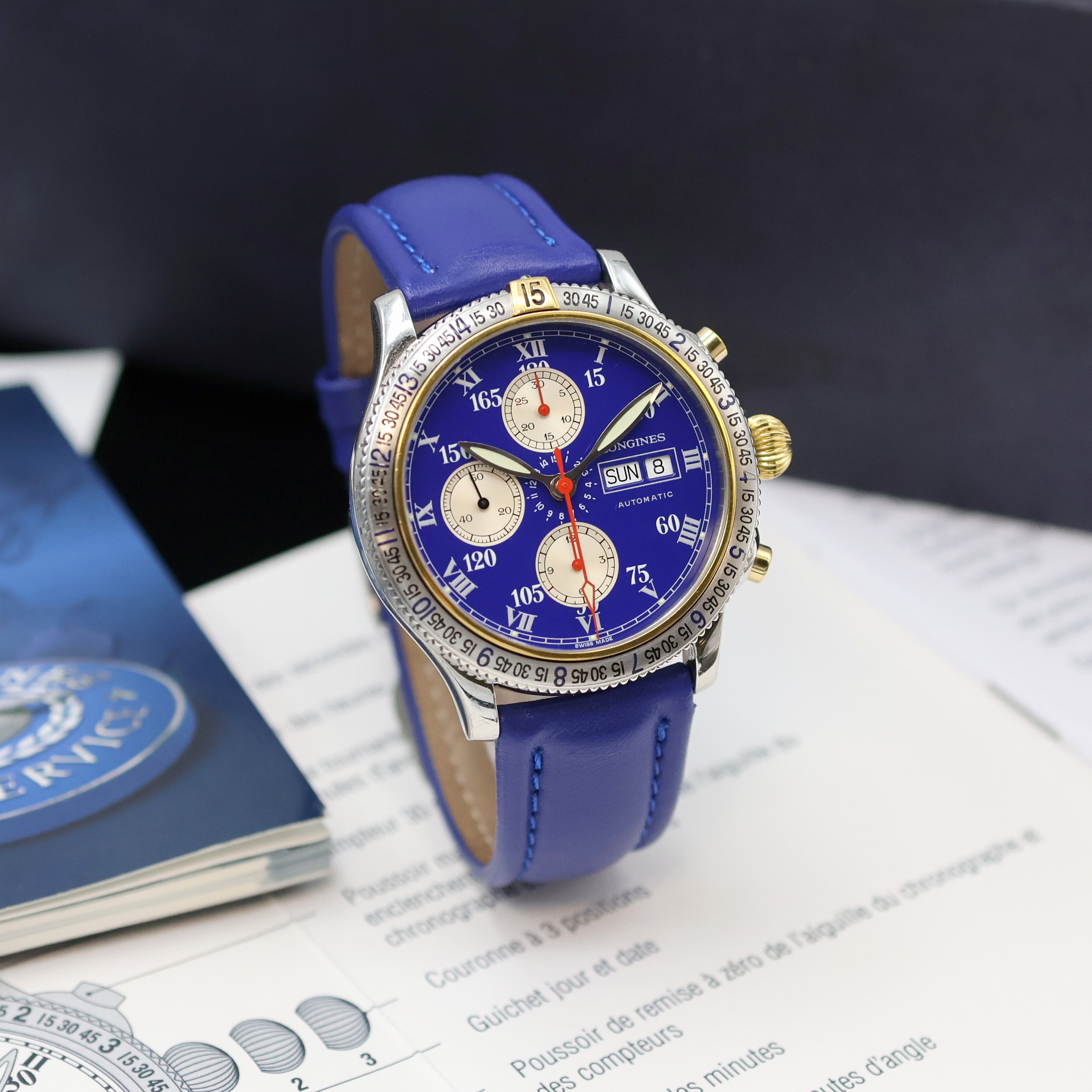 Detail a: LONGINES Armbandchronograph Special Series Designed by Charles A. Lindbergh Referenz L2.618.5, Schweiz um 1997, Automatik, beids. vergl. Geh. in ...