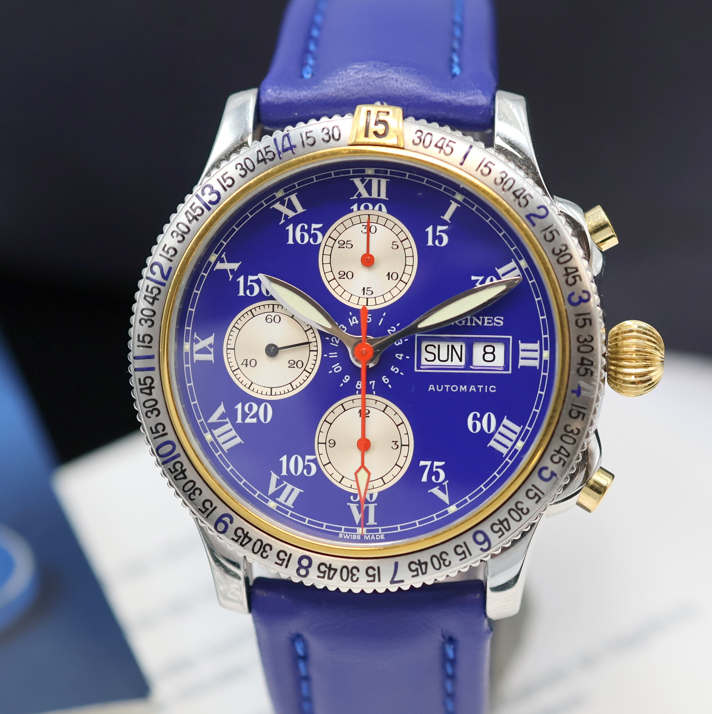 Detail b: LONGINES Armbandchronograph Special Series Designed by Charles A. Lindbergh Referenz L2.618.5, Schweiz um 1997, Automatik, beids. vergl. Geh. in ...