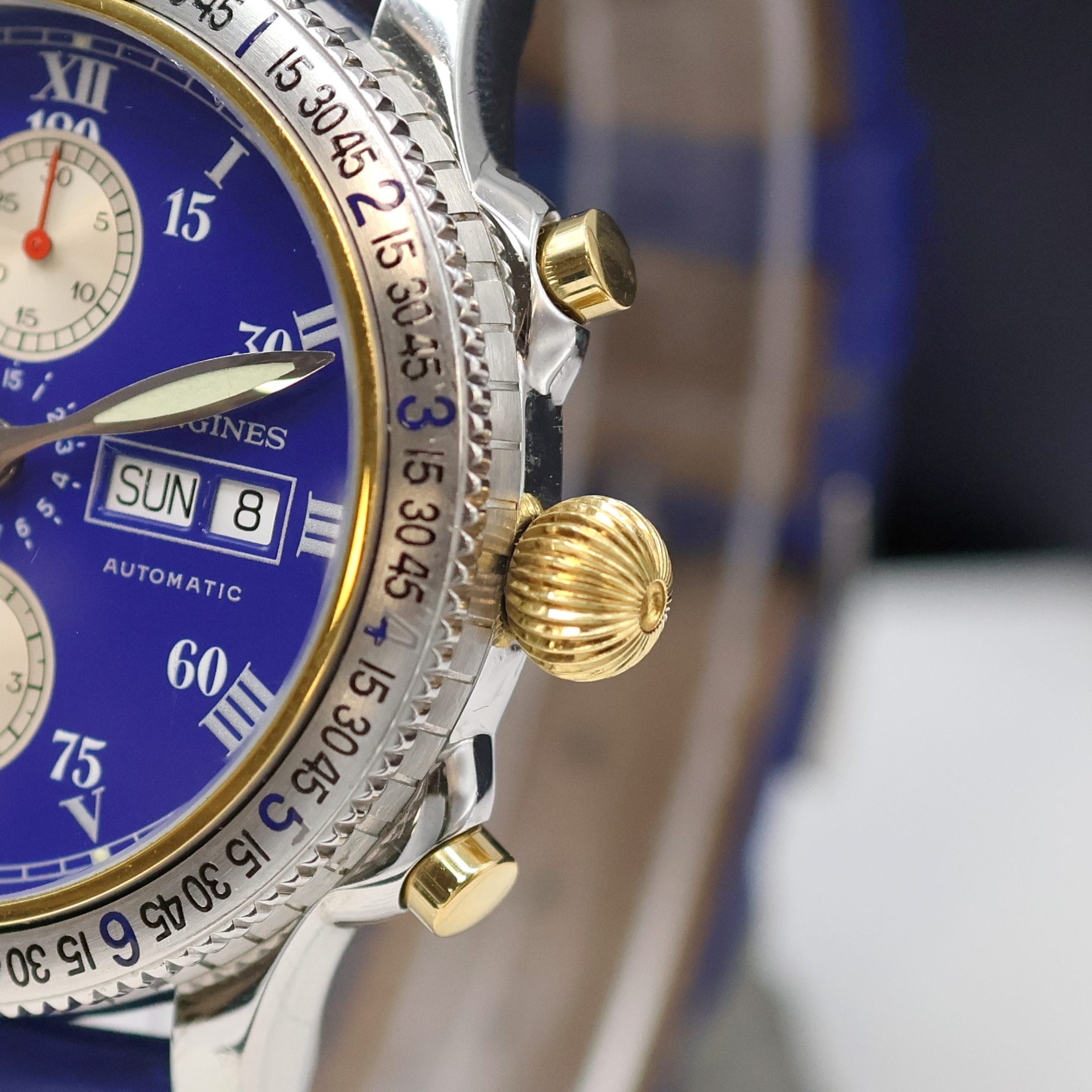 Detail c: LONGINES Armbandchronograph Special Series Designed by Charles A. Lindbergh Referenz L2.618.5, Schweiz um 1997, Automatik, beids. vergl. Geh. in ...