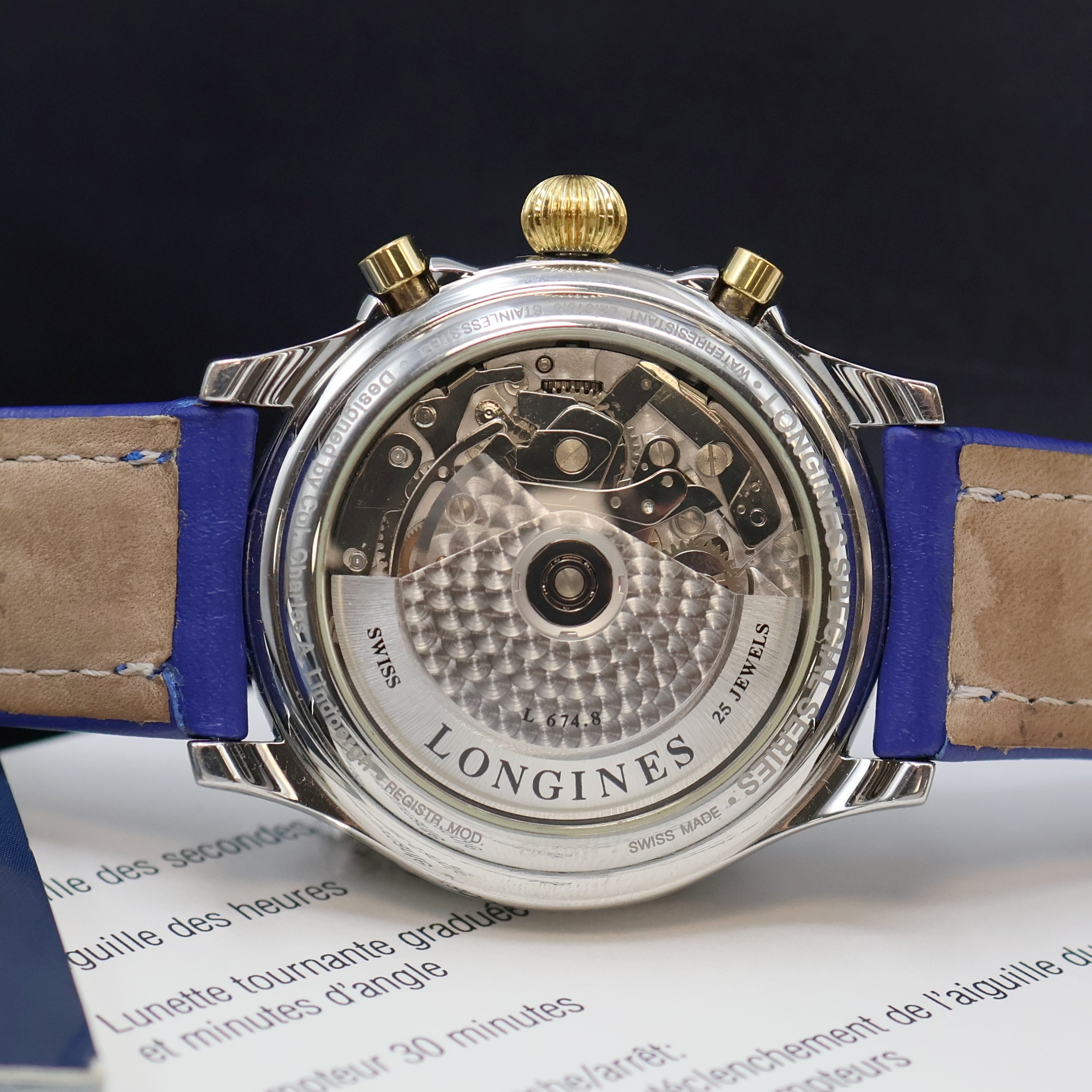 Detail e: LONGINES Armbandchronograph Special Series Designed by Charles A. Lindbergh Referenz L2.618.5, Schweiz um 1997, Automatik, beids. vergl. Geh. in ...