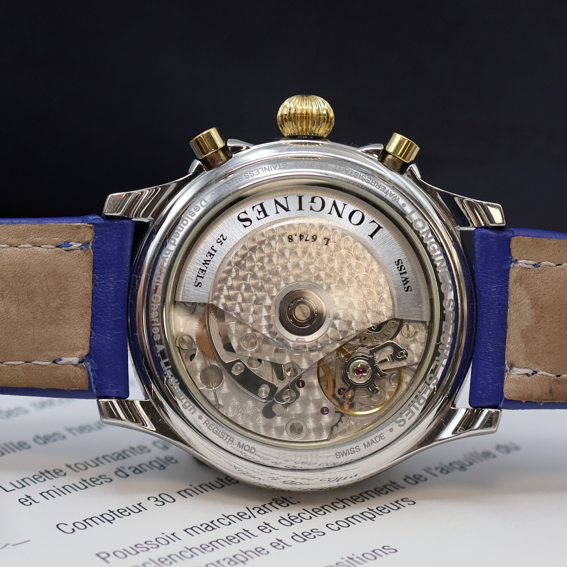Detail f: LONGINES Armbandchronograph Special Series Designed by Charles A. Lindbergh Referenz L2.618.5, Schweiz um 1997, Automatik, beids. vergl. Geh. in ...