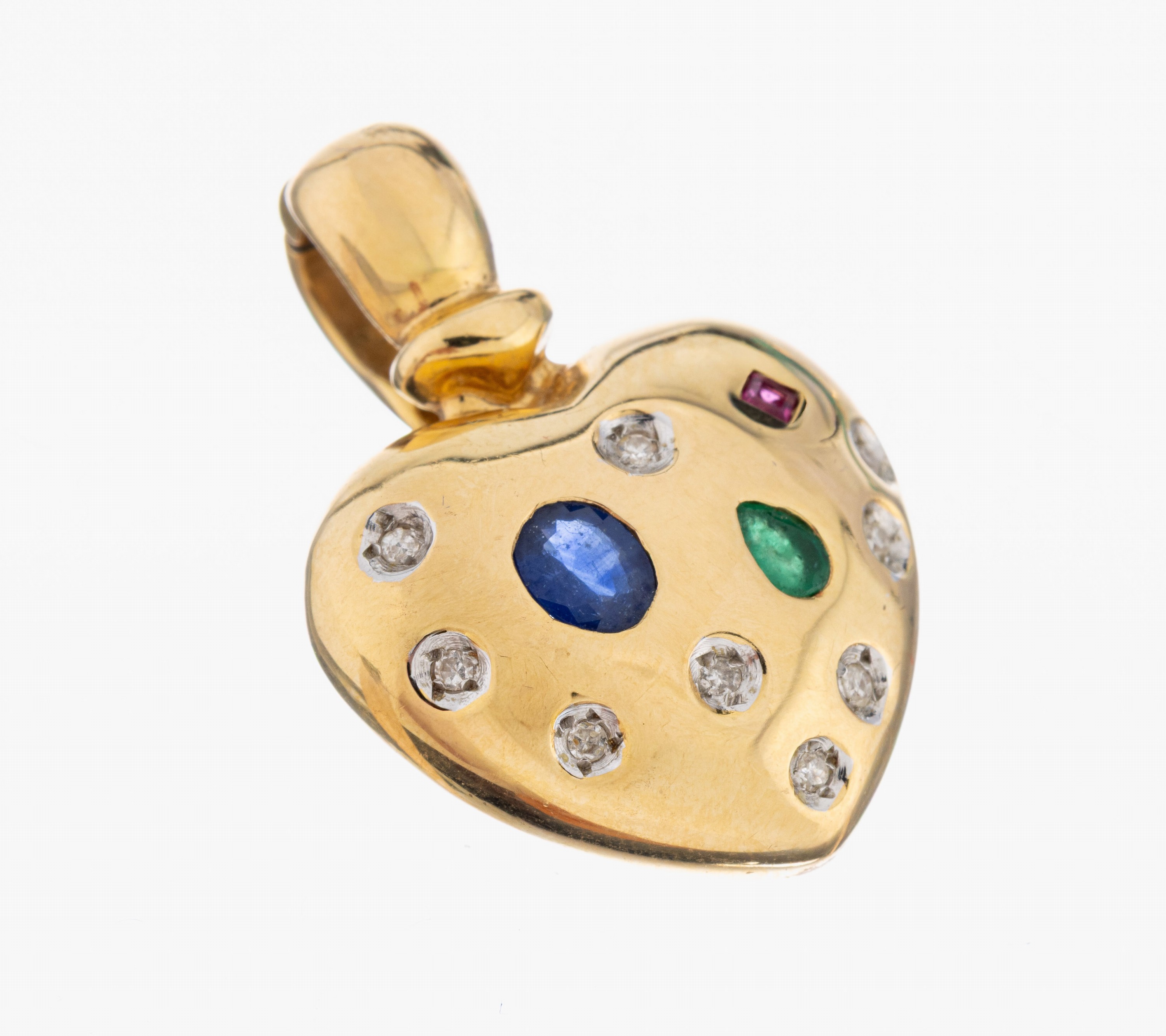Image 27059633 - 14 kt Gold Diamant-Saphir-Smaragd-Rubin -Herzanhänger, GG 585/000, 9 8/8-Diamanten ...