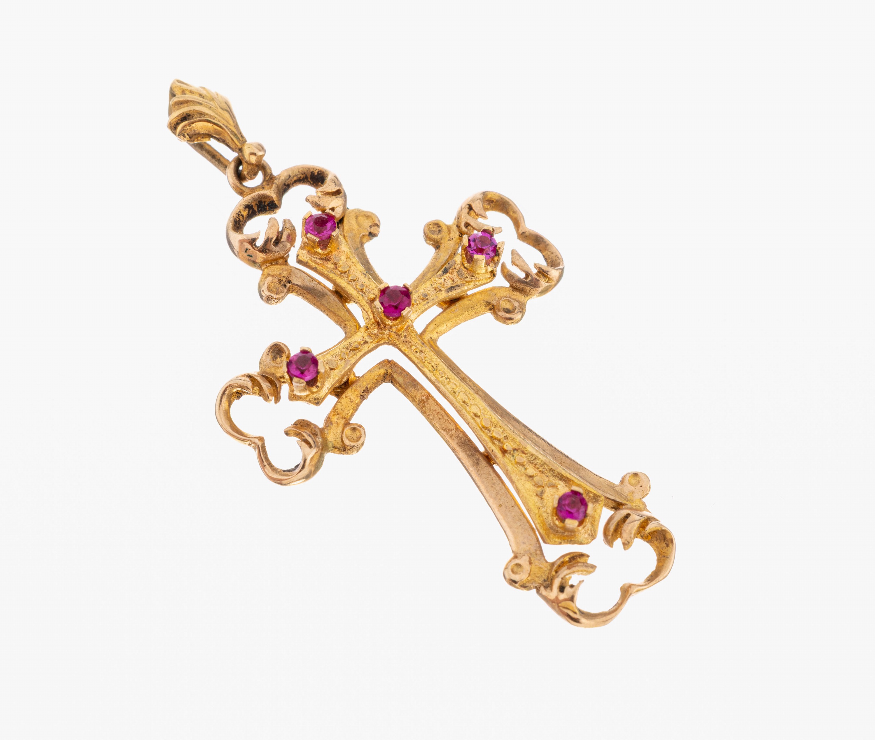 Image 27059634 - 14 kt Gold Farbstein-Kreuzanhänger, GG 580/000, 5 rundfacett. Rubin-Synthesen, ca. 4.5 ...