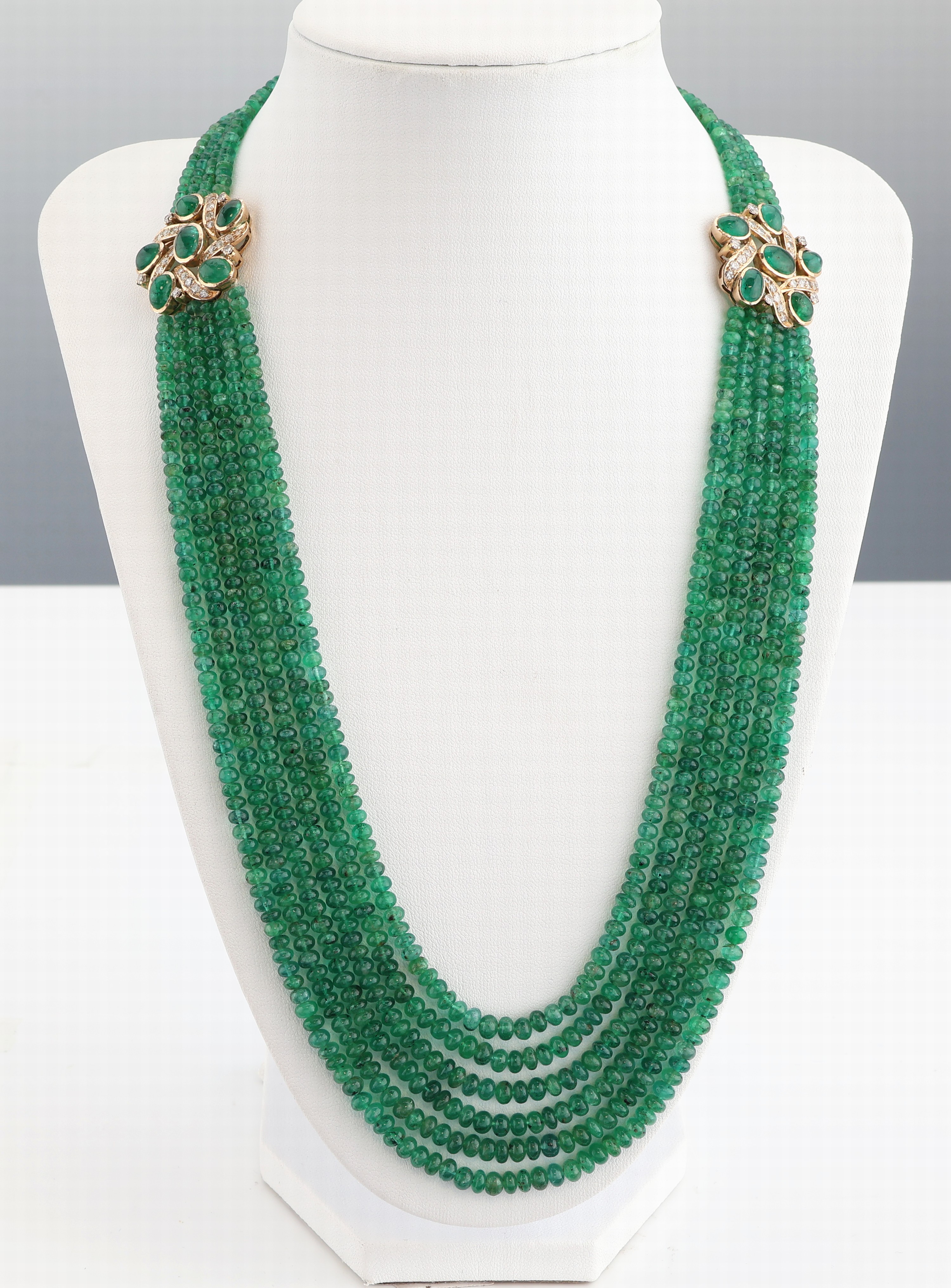 Image 27059647 - 14 kt Gold Smaragd-Brillant-Collier, GG 585/000, mittig 6-rhg. Smaragd-Linsen, 2 ...