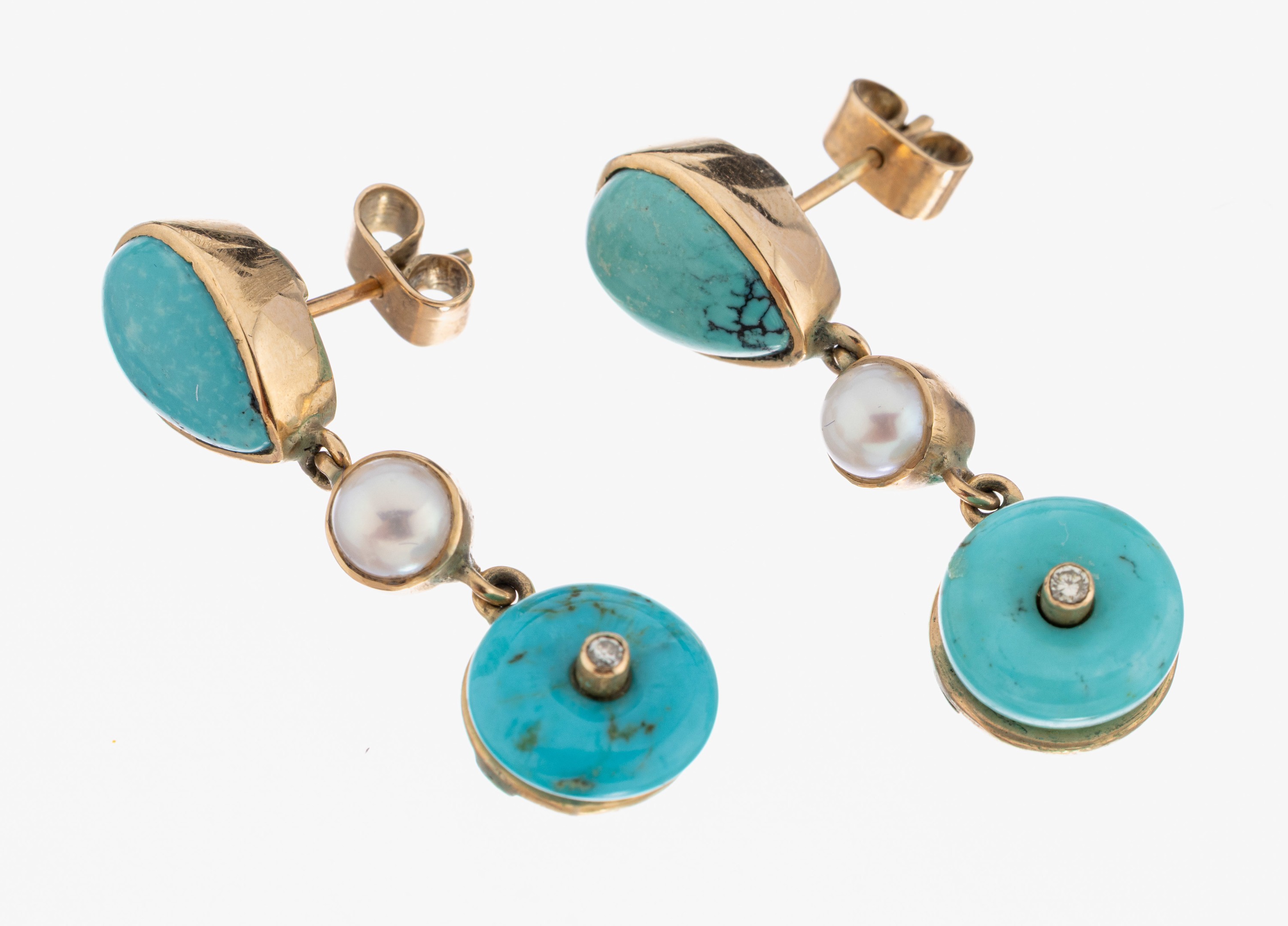 Image 27059666 - Pair of 14 kt gold turquoise-pearl-brilliant -earrings , YG 585/000, elongated movable, ...