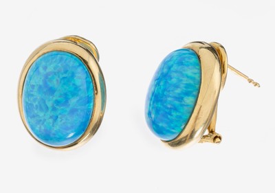 Image 14 kt Gold Farbstein-Ohrstecker, GG 585/000, schlicht, 2 ovale Opal-Synthesen, ca. 10.4 ...