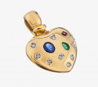 Image 14 kt Gold Diamant-Saphir-Smaragd-Rubin -Herzanhänger, GG 585/000, 9 8/8-Diamanten ...