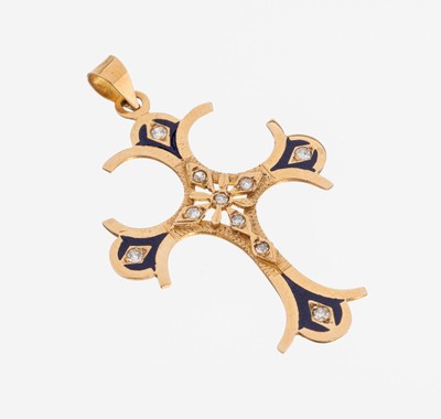 Image 14 kt Gold Diamant-Email-Kreuzanhänger, GG 585/000, geschwungene Schenkel, 10 8/8- ...