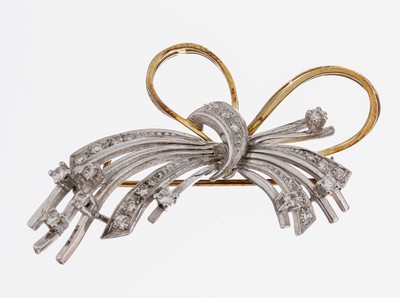 Image 14 kt Gold Diamant-Brosche, 1960er Jahre, GG/WG 585/000, Schleife, 26 Brillanten und ...