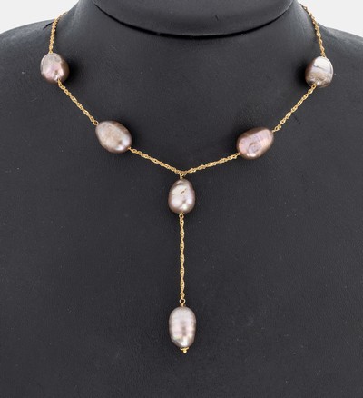 Image 18 kt Gold Perl-Collier, GG 750/000, 6 unrunde bräunliche Zuchtperlen, gefärbt, D. ...