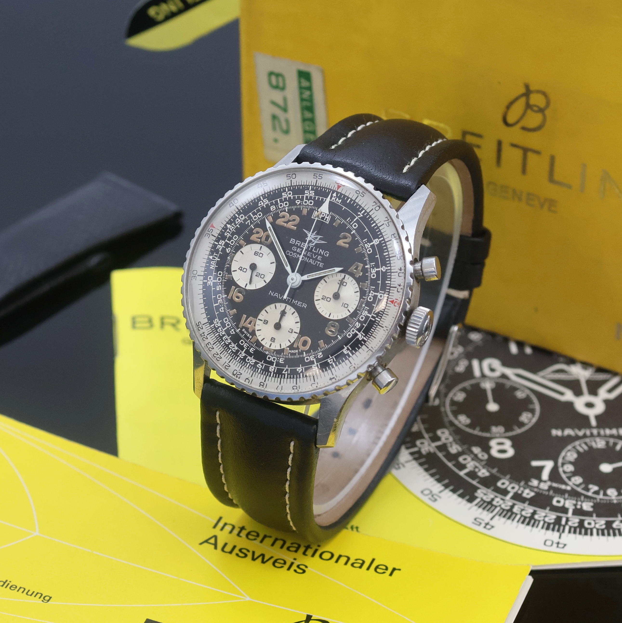 Detail a: BREITLING Navitimer Cosmonaute seltener Schaltradchronograph Referenz 809, Schweiz verk. lt. beil. Pap. 11/1967, Handaufzug, 3- teil. Edelstahlgeh., ...