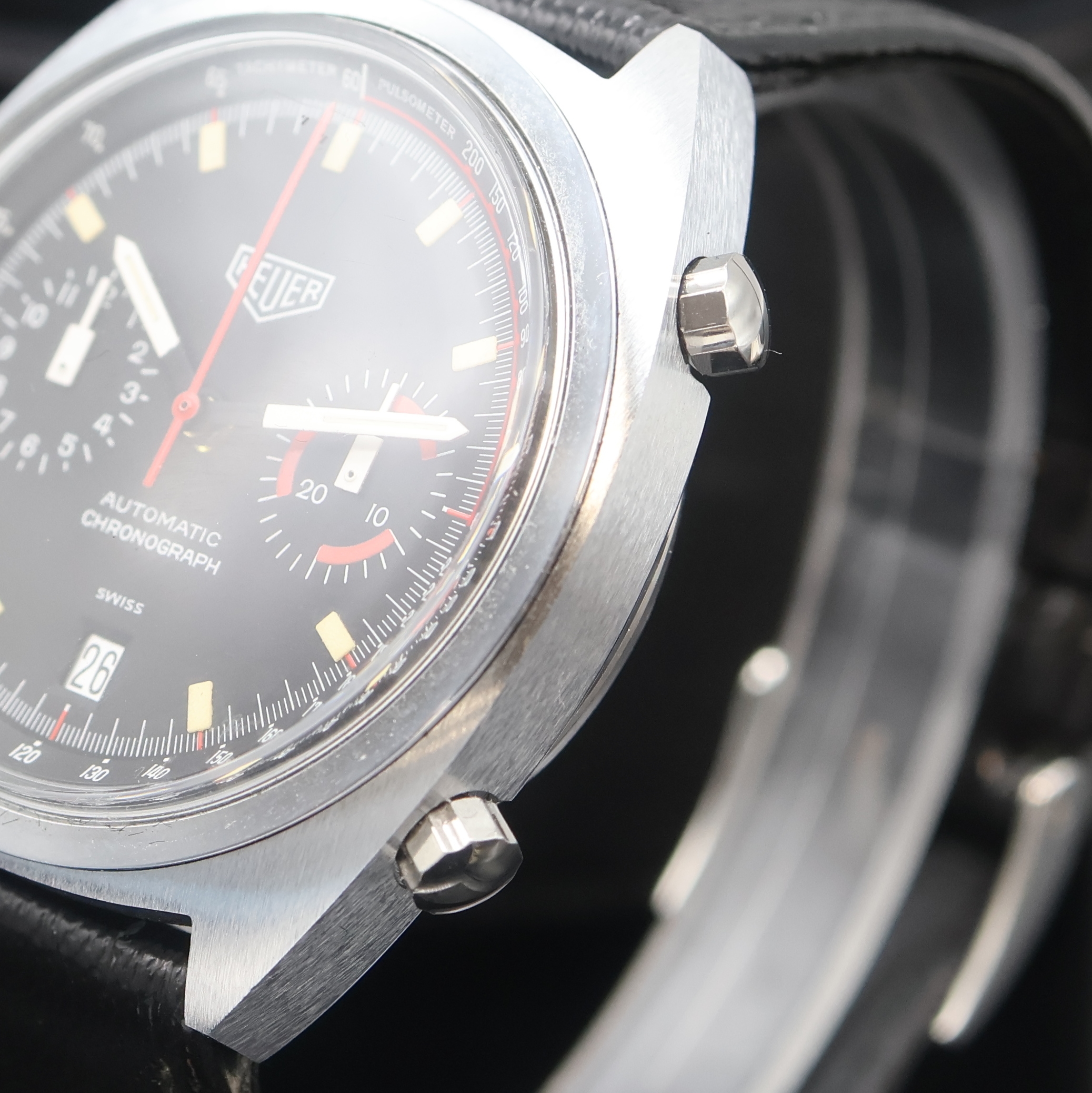 Detail d: HEUER Monza seltener Armbandchronograph mit Kaliber 15 Referenz 150.511, Schweiz um 1975, Automatik, Edelstahlgeh. inkl. Heuer Lederband m. ...