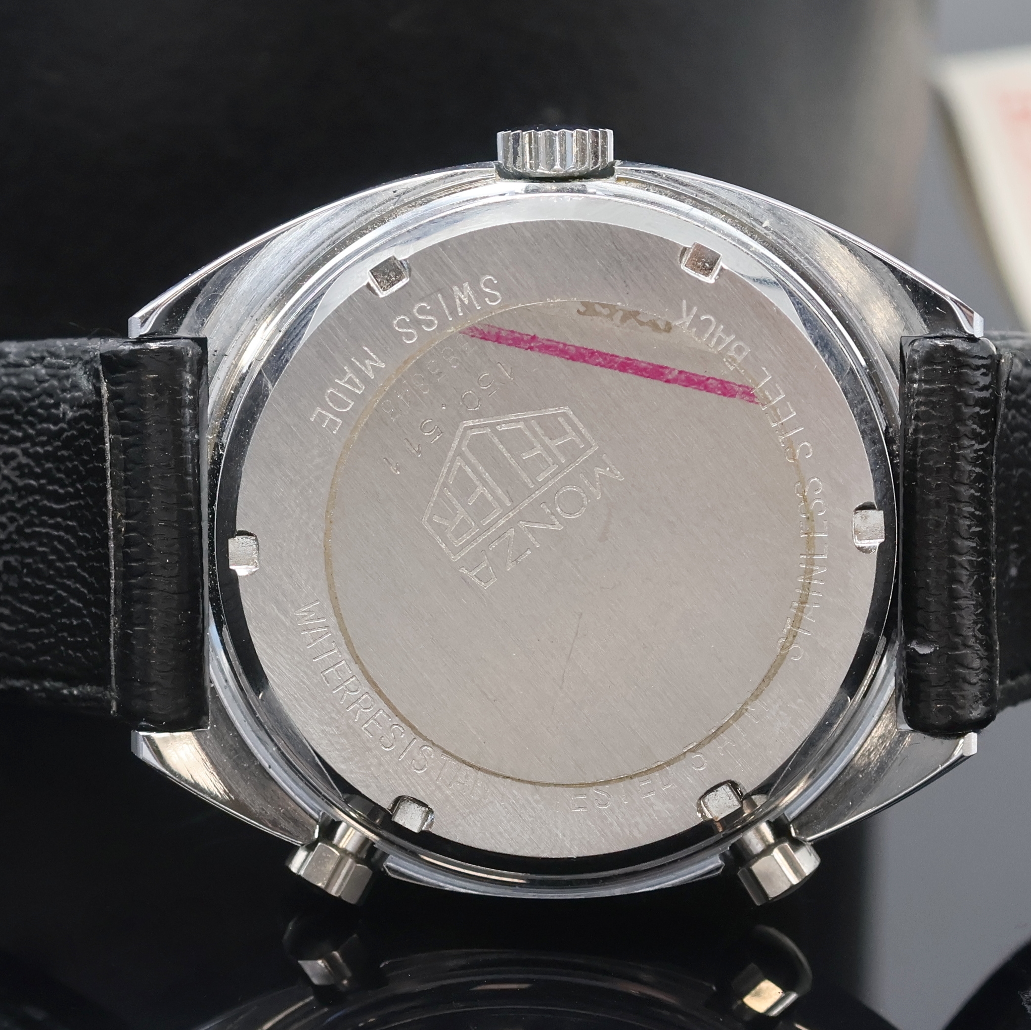 Detail f: HEUER Monza seltener Armbandchronograph mit Kaliber 15 Referenz 150.511, Schweiz um 1975, Automatik, Edelstahlgeh. inkl. Heuer Lederband m. ...