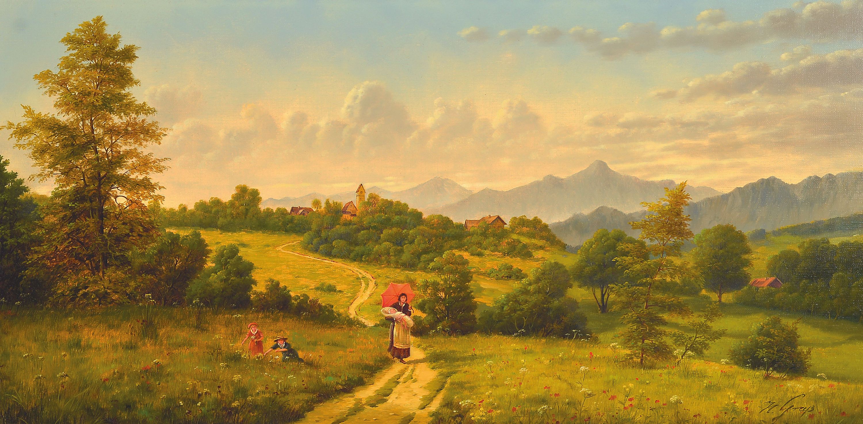 Image 27059819 - Herbert Grass, 1886 - 1978, , Sommerlandschaft mit Mutter und Kindern Voralpenlandschaft, ...