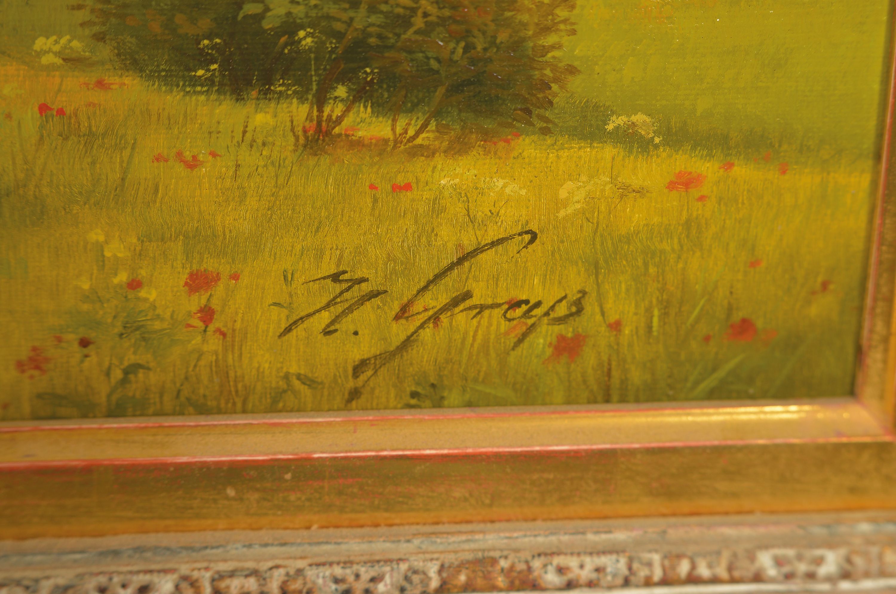 Detail a: Herbert Grass, 1886 - 1978,, Sommerlandschaft mit Mutter und Kindern Voralpenlandschaft, Mutter mit Baby auf dem Arm, seitlich zwei spielende Kinder, ...