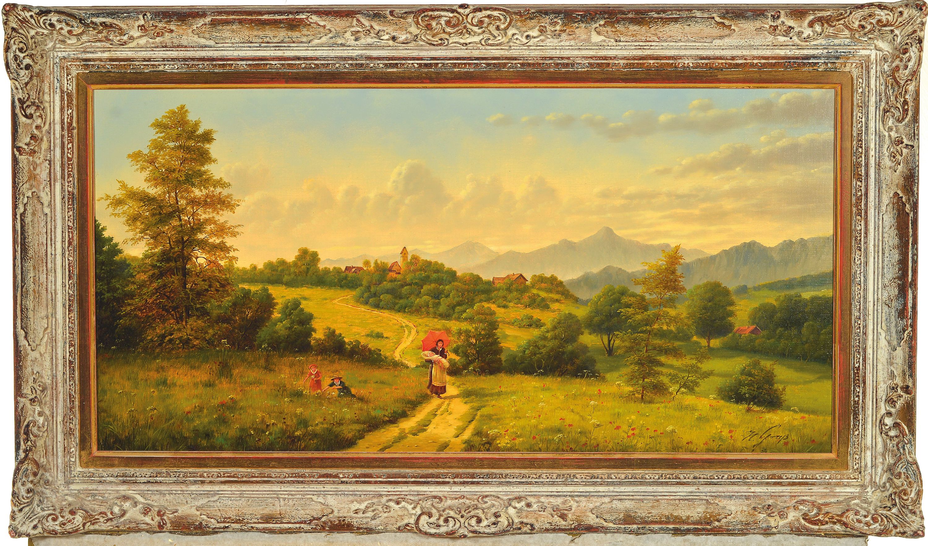 Detail k: Herbert Grass, 1886 - 1978,, Sommerlandschaft mit Mutter und Kindern Voralpenlandschaft, Mutter mit Baby auf dem Arm, seitlich zwei spielende Kinder, ...