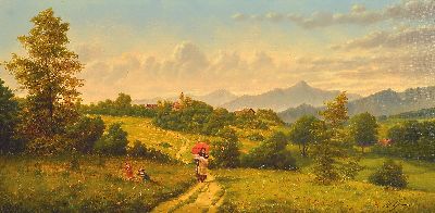 Image Herbert Grass, 1886 - 1978, , Sommerlandschaft mit Mutter und Kindern Voralpenlandschaft, ...