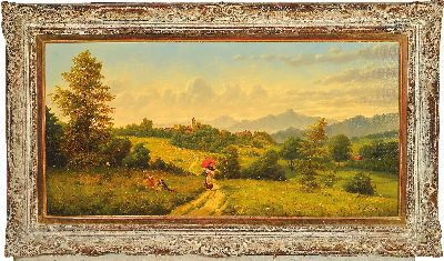 27059819k - Herbert Grass, 1886 - 1978, , Sommerlandschaft mit Mutter und Kindern Voralpenlandschaft, ...
