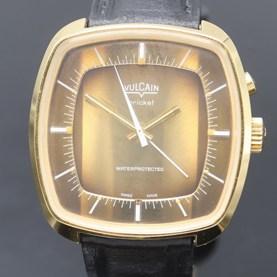 27059845a - VULCAIN Cricket Armbandwecker, Handaufzug, Schweiz um 1969, verg. Geh., Edelstahlboden ...