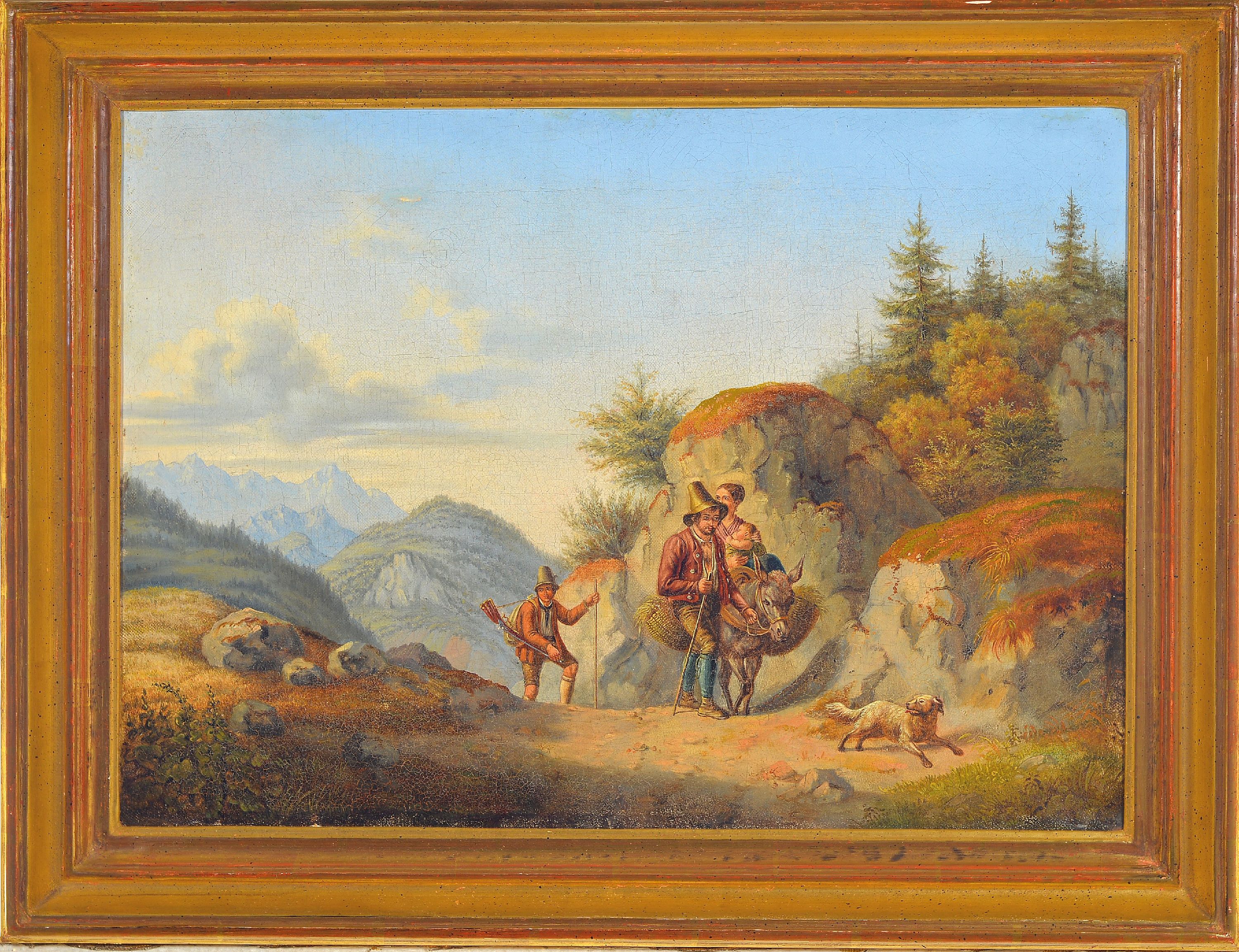 Detail k: Zuschreibung: Gustav Jakob Canton, 1813 Mainz -1885 München, Jäger und Bauernfamilie in Hochgebirgslandschaft, unsigniert, Öl/Lwd, restauriert, ...