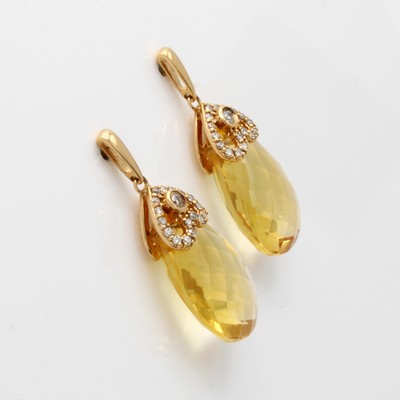 27060446a - Paar Ohrstecker mit Citrinabhängungen und Brillanten, GG 750/000, 2 fac. ...