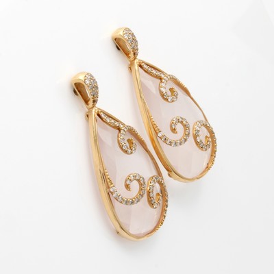 27060450a - Paar Ohrstecker mit Rosenquarzen und Brillanten, RG 750/000, 2 fac., ...