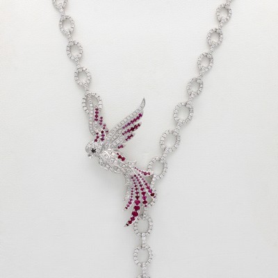 27060471a - Ausgefallenes Y-Collier mit Farbsteinen und Brillanten, WG 750/000, ovale Glieder im ...