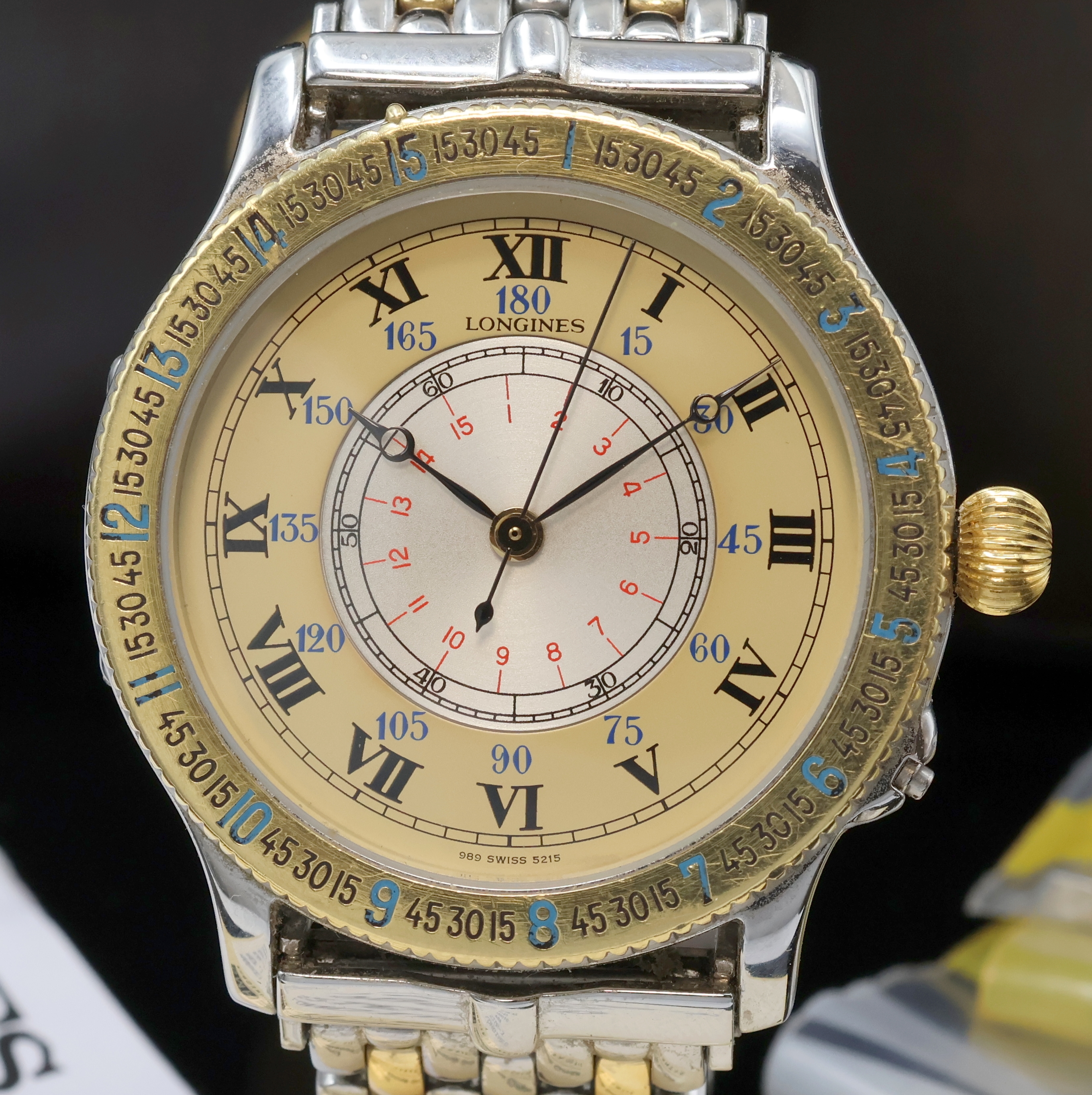 Detail a: LONGINES Hour Angle Watch Designed by Charles A. Lindbergh Referenz 989.5215, Schweiz um 1990, Automatik, Geh. nach altem Vorbild, Edelstahl/Gold ...